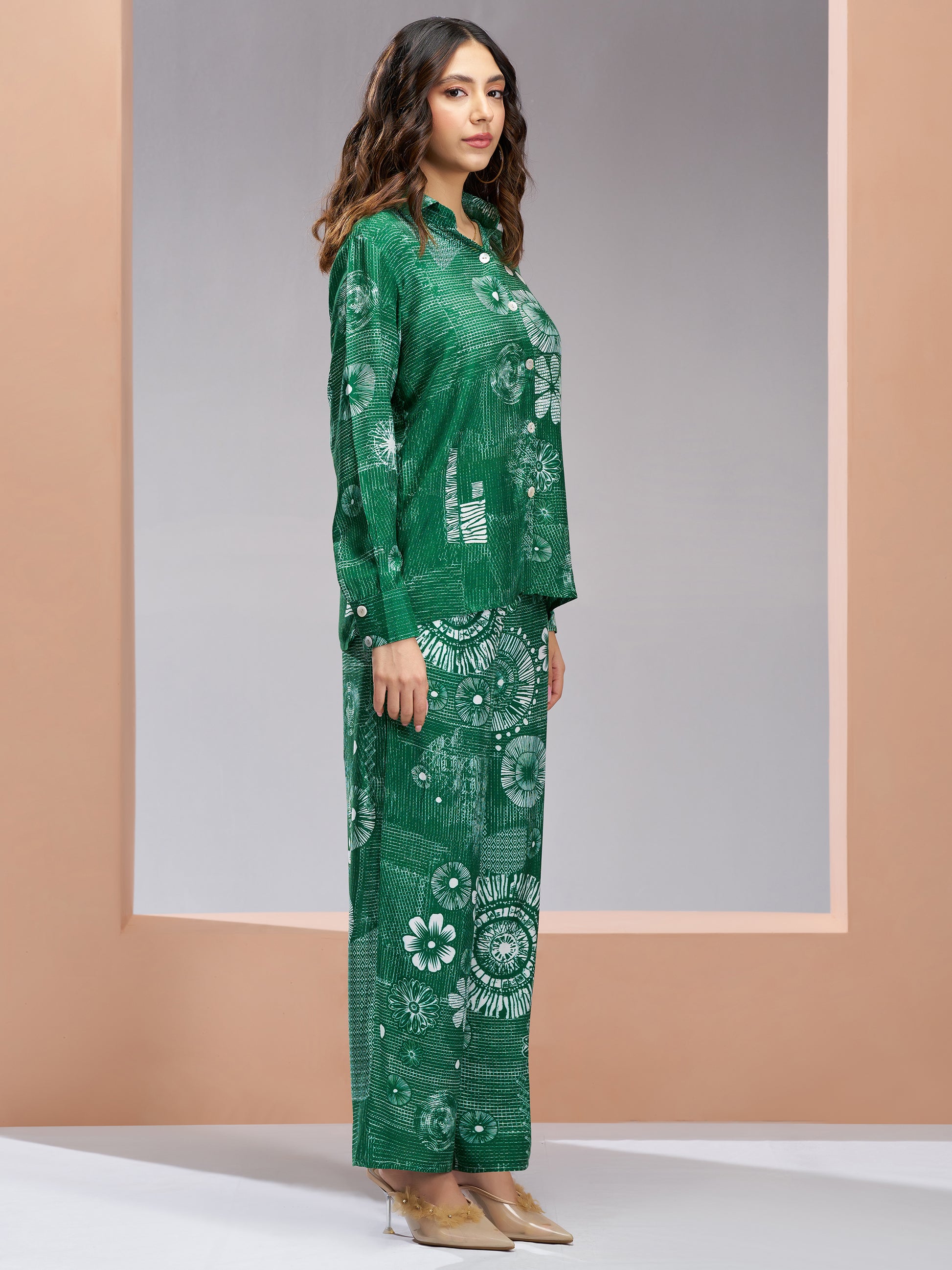 Marvelous Green Printed Muslin Silk Office Wear Co-Ord Set