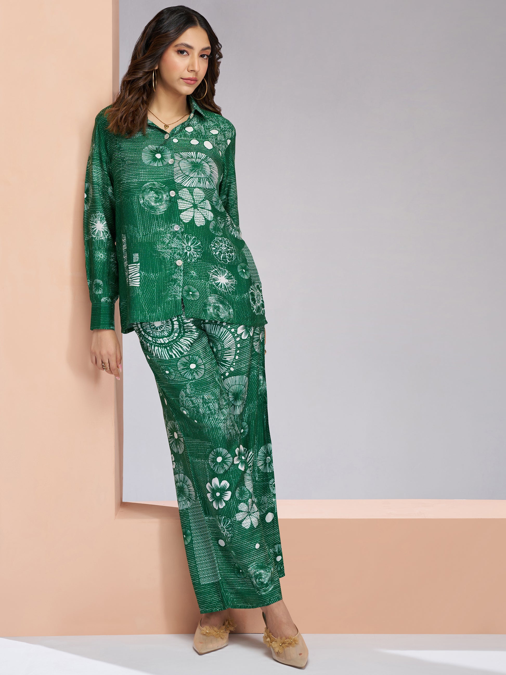 Marvelous Green Printed Muslin Silk Office Wear Co-Ord Set