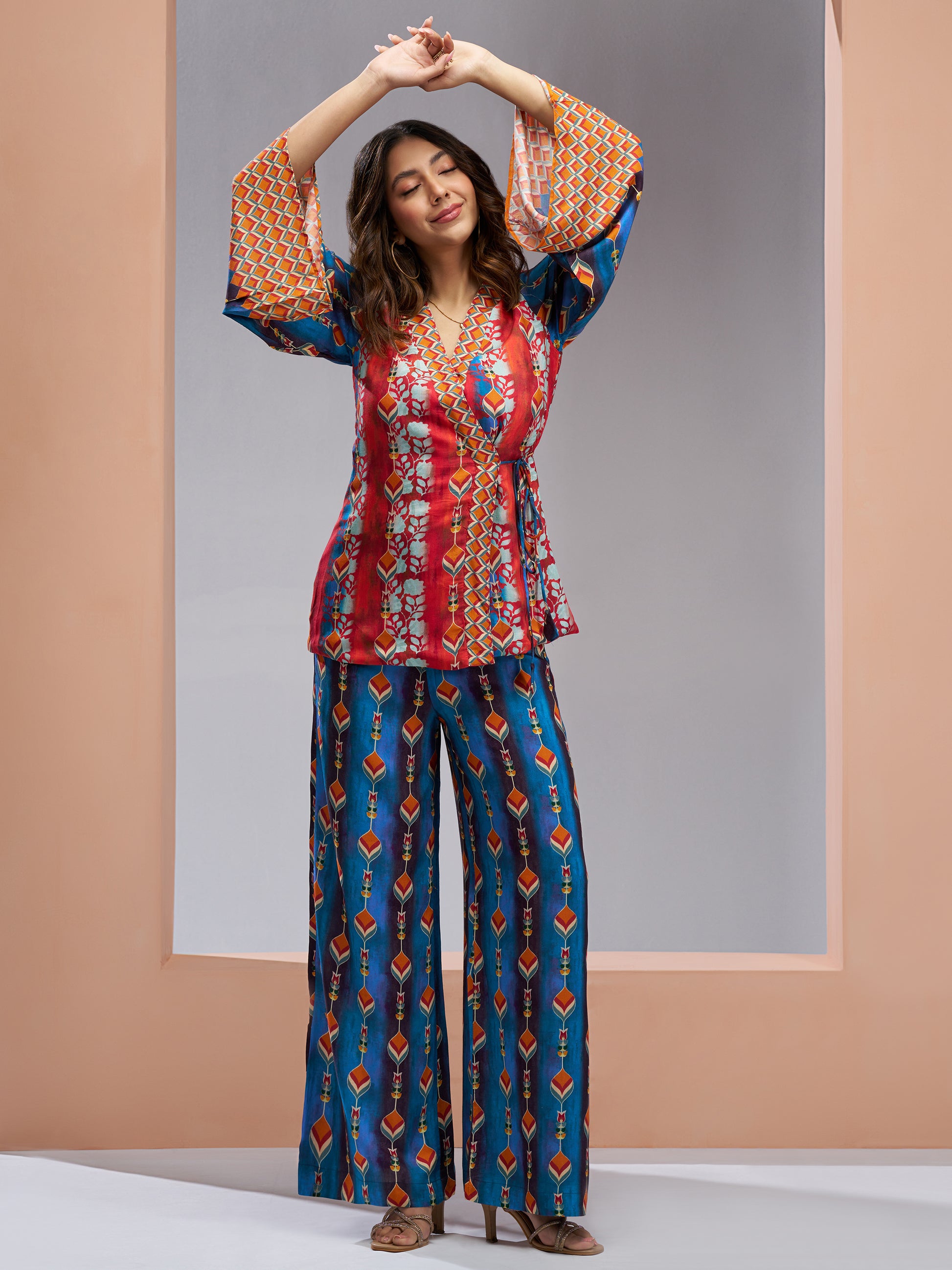 Charming Navy Blue Printed Muslin Silk Party Wear Co-Ord Set