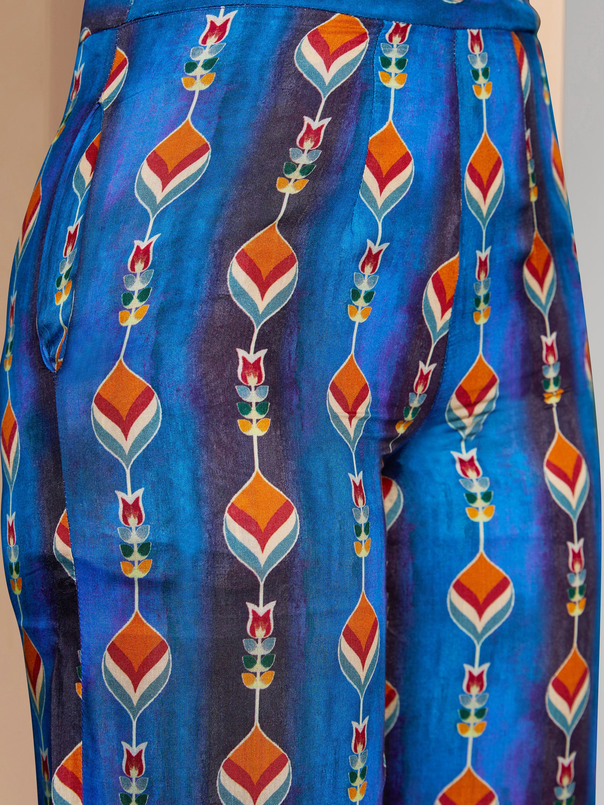 Charming Navy Blue Printed Muslin Silk Party Wear Co-Ord Set