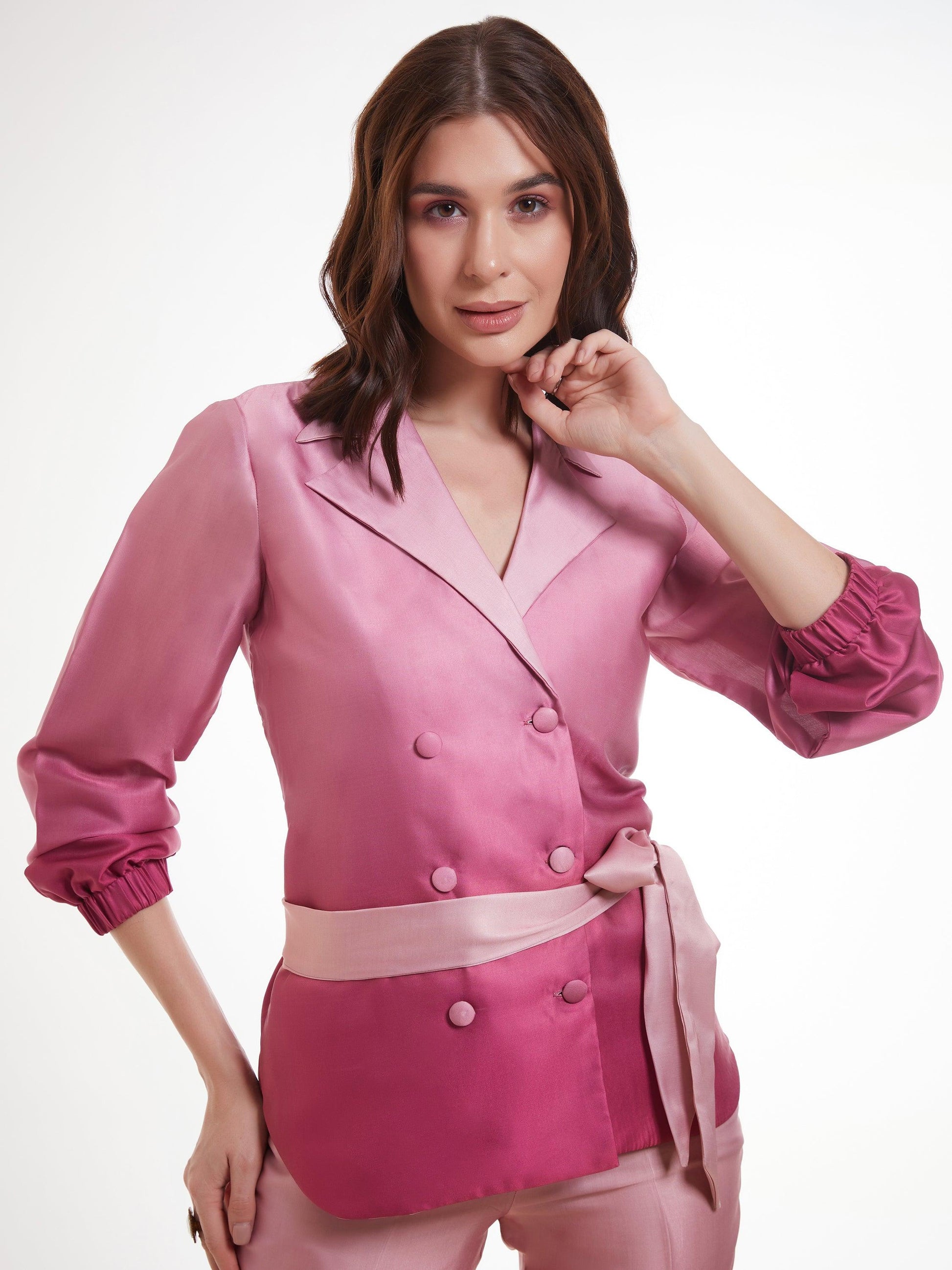 Fantastic Ombre Pink Printed Satin Party Wear Co-Ord Set