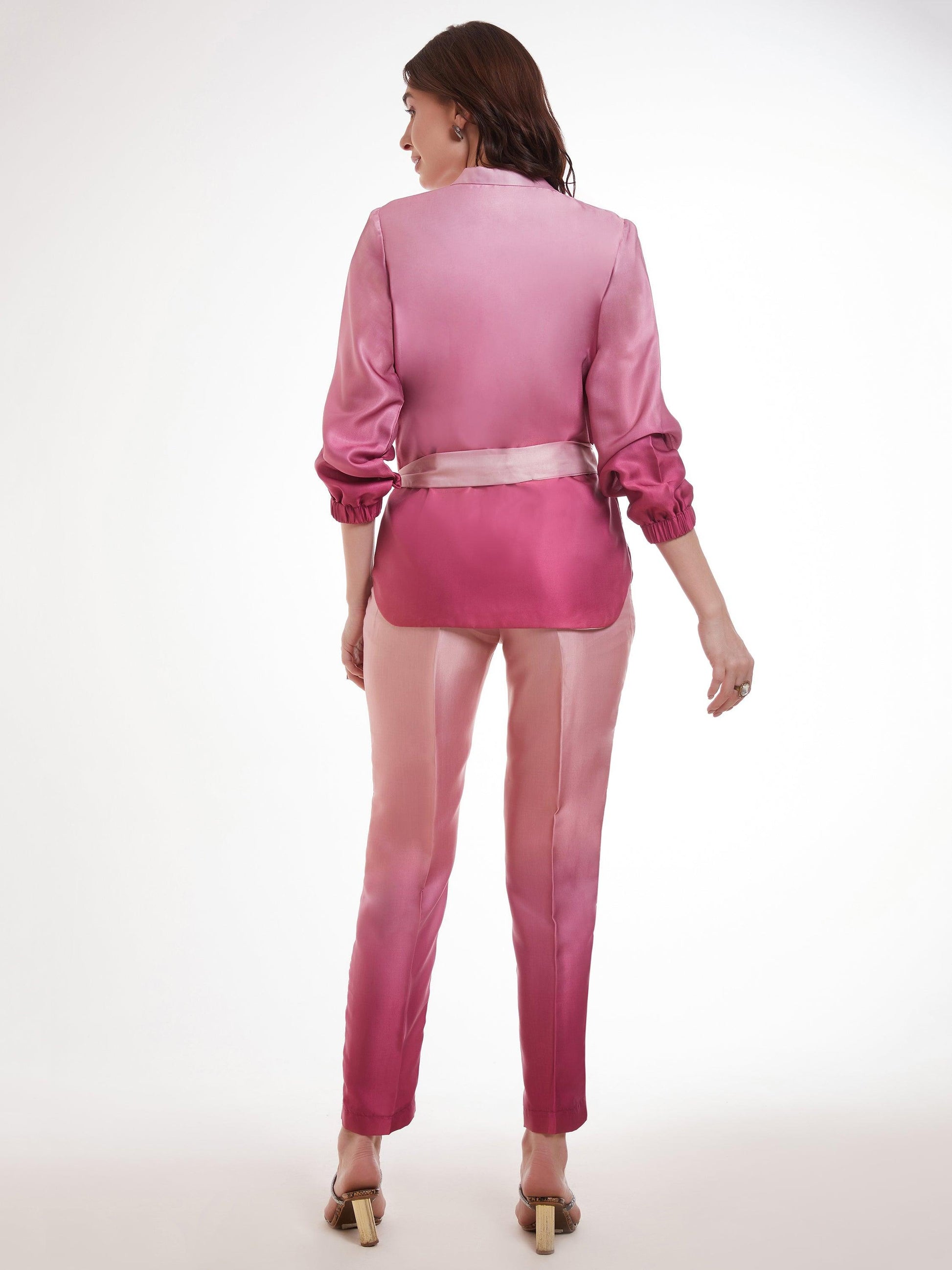 Fantastic Ombre Pink Printed Satin Party Wear Co-Ord Set