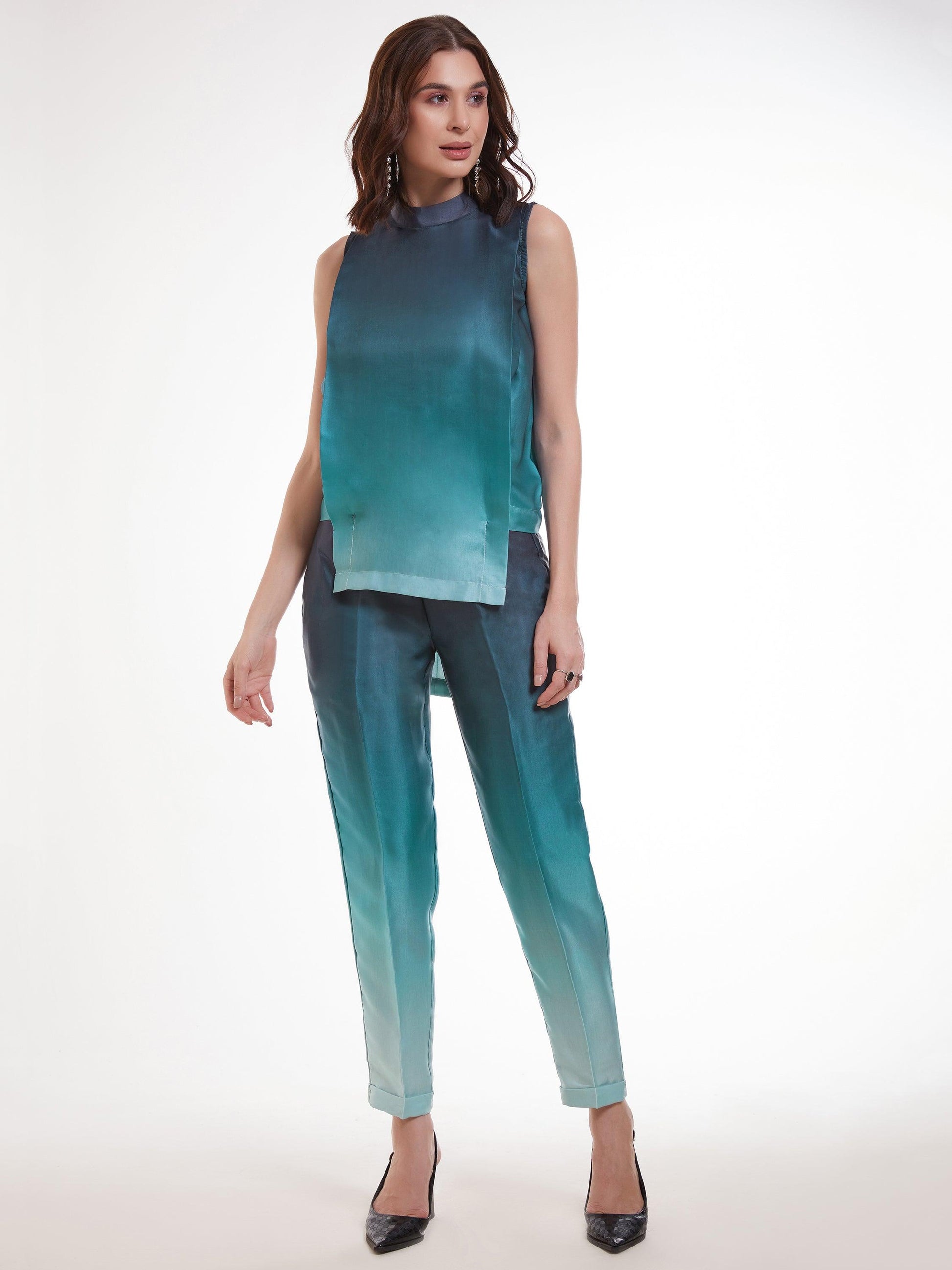 Outstanding Ombre Blue Printed Satin Party Wear Co-Ord Set