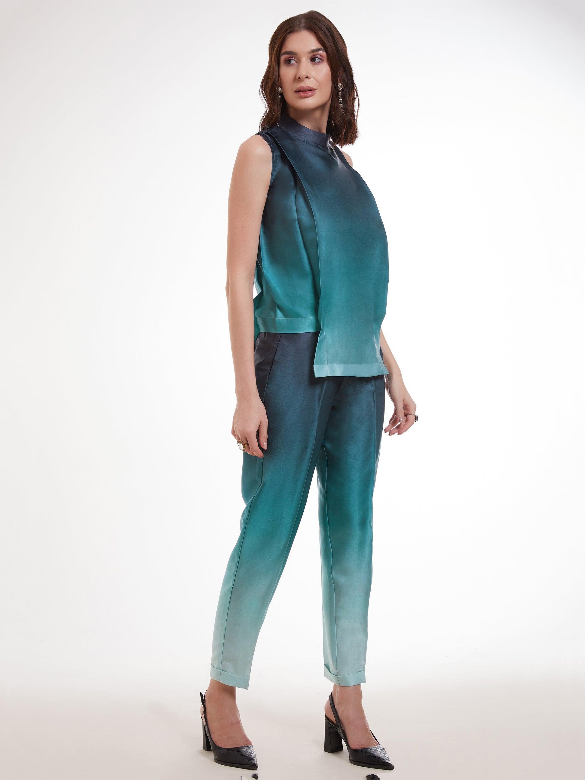 Outstanding Ombre Blue Printed Satin Party Wear Co-Ord Set