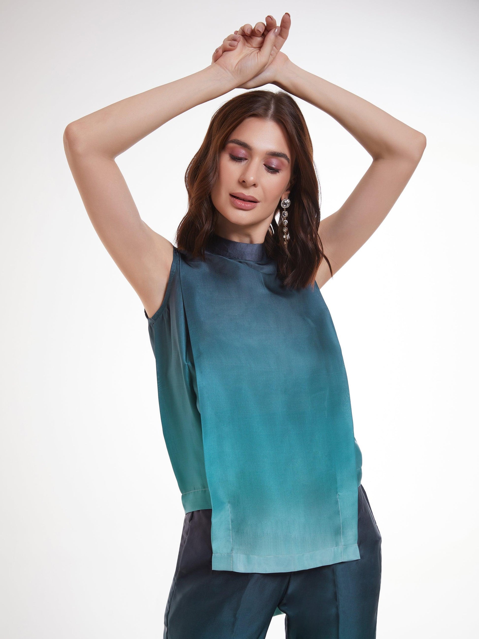 Outstanding Ombre Blue Printed Satin Party Wear Co-Ord Set