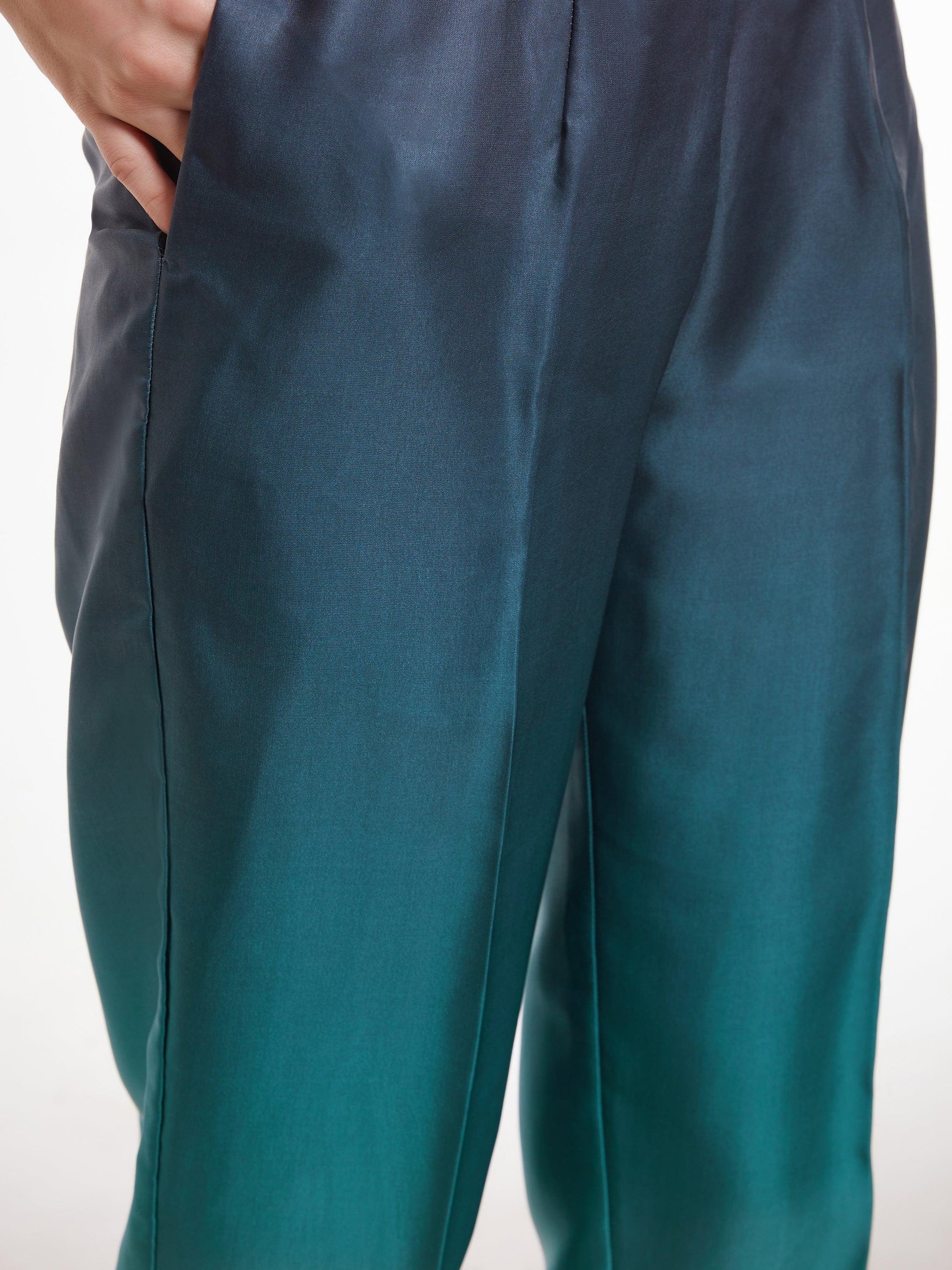 Outstanding Ombre Blue Printed Satin Party Wear Co-Ord Set