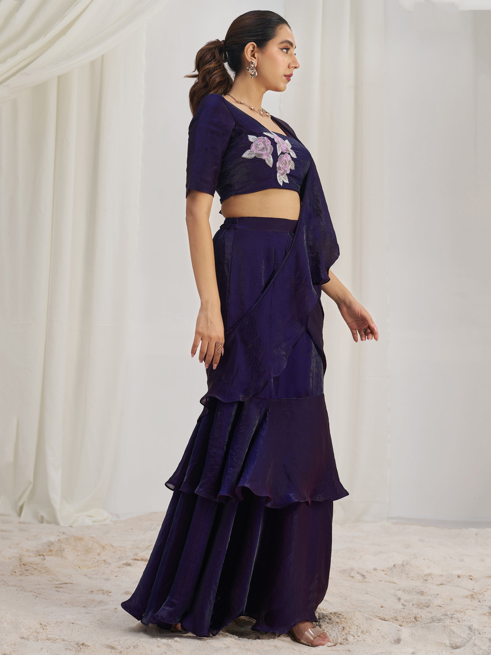 Glamorous Wine Ruffle Organza Pre-Stitched Saree With Hand Work Blouse