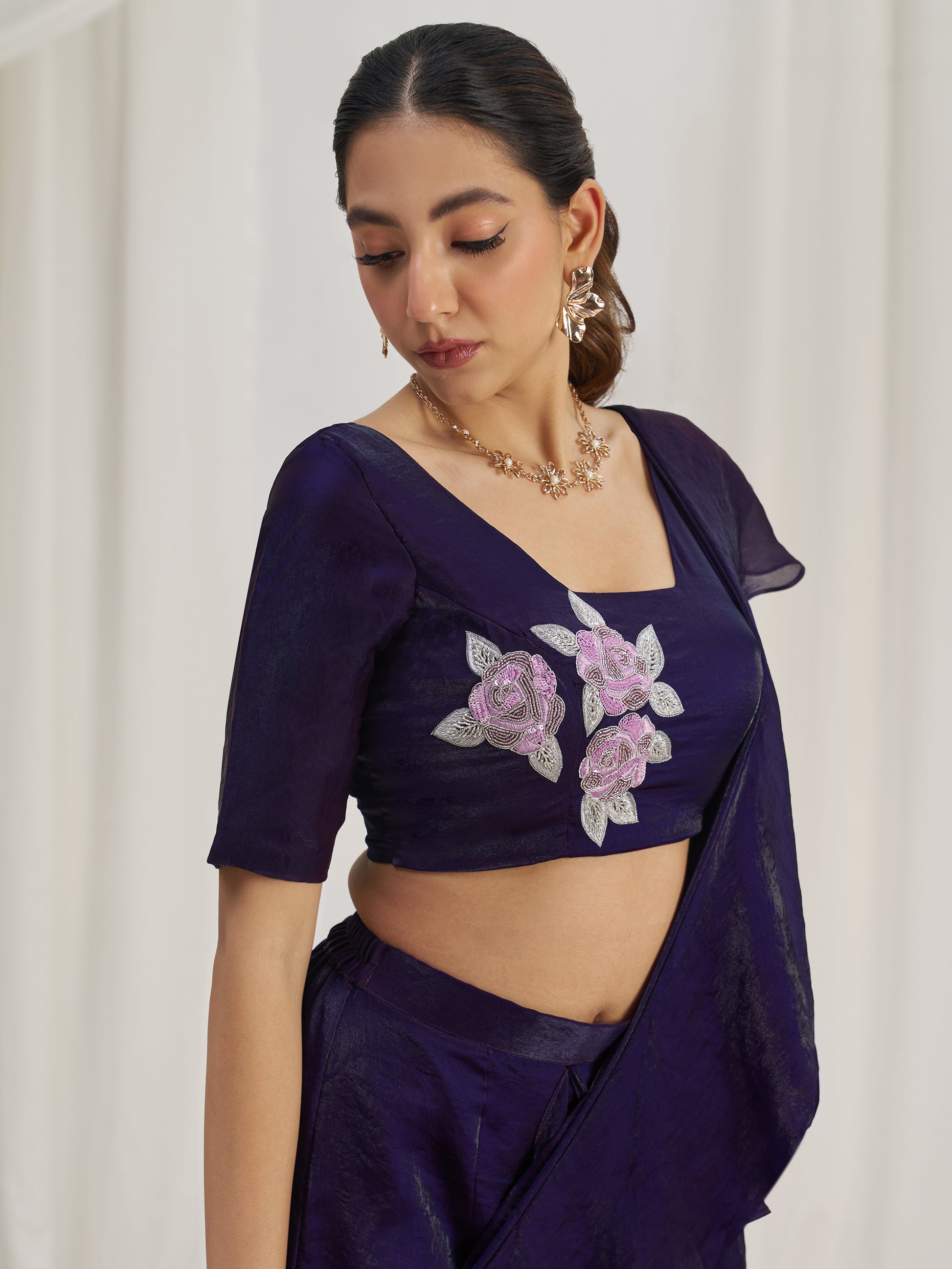 Glamorous Wine Ruffle Organza Pre-Stitched Saree With Hand Work Blouse