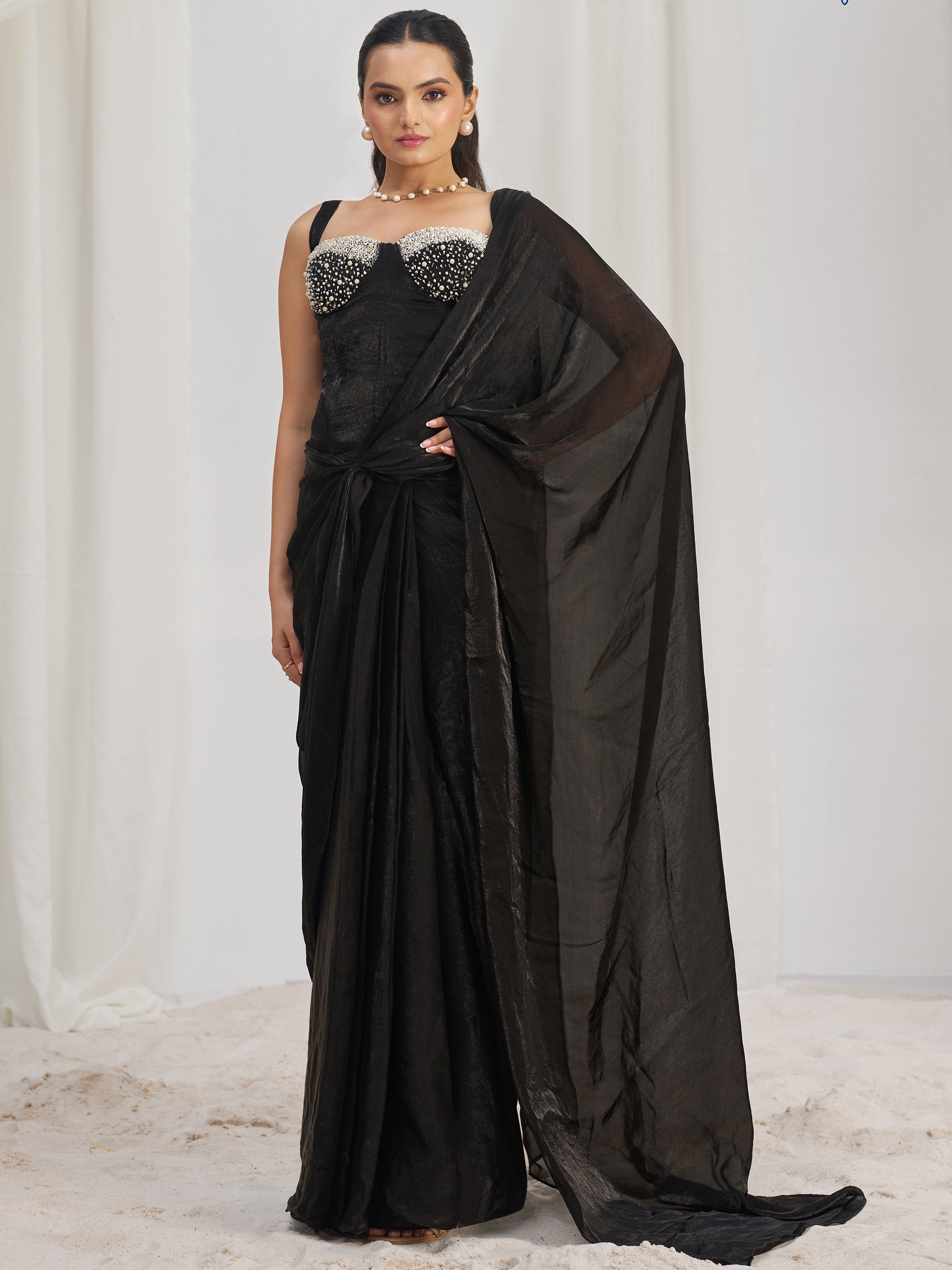 Dazzling Black Organza Pre-Stitched Saree With Corset Blouse