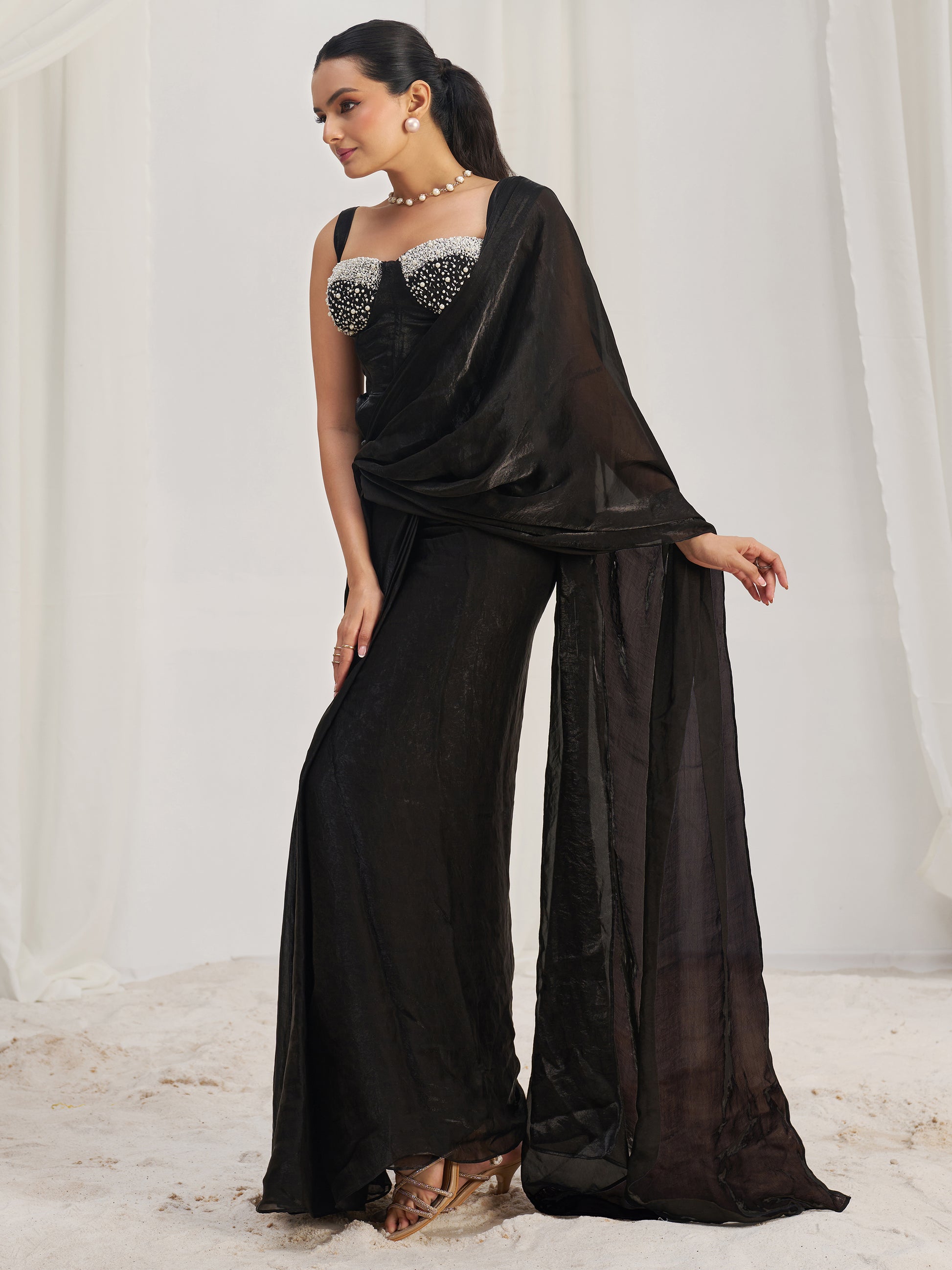 Dazzling Black Organza Pre-Stitched Saree With Corset Blouse