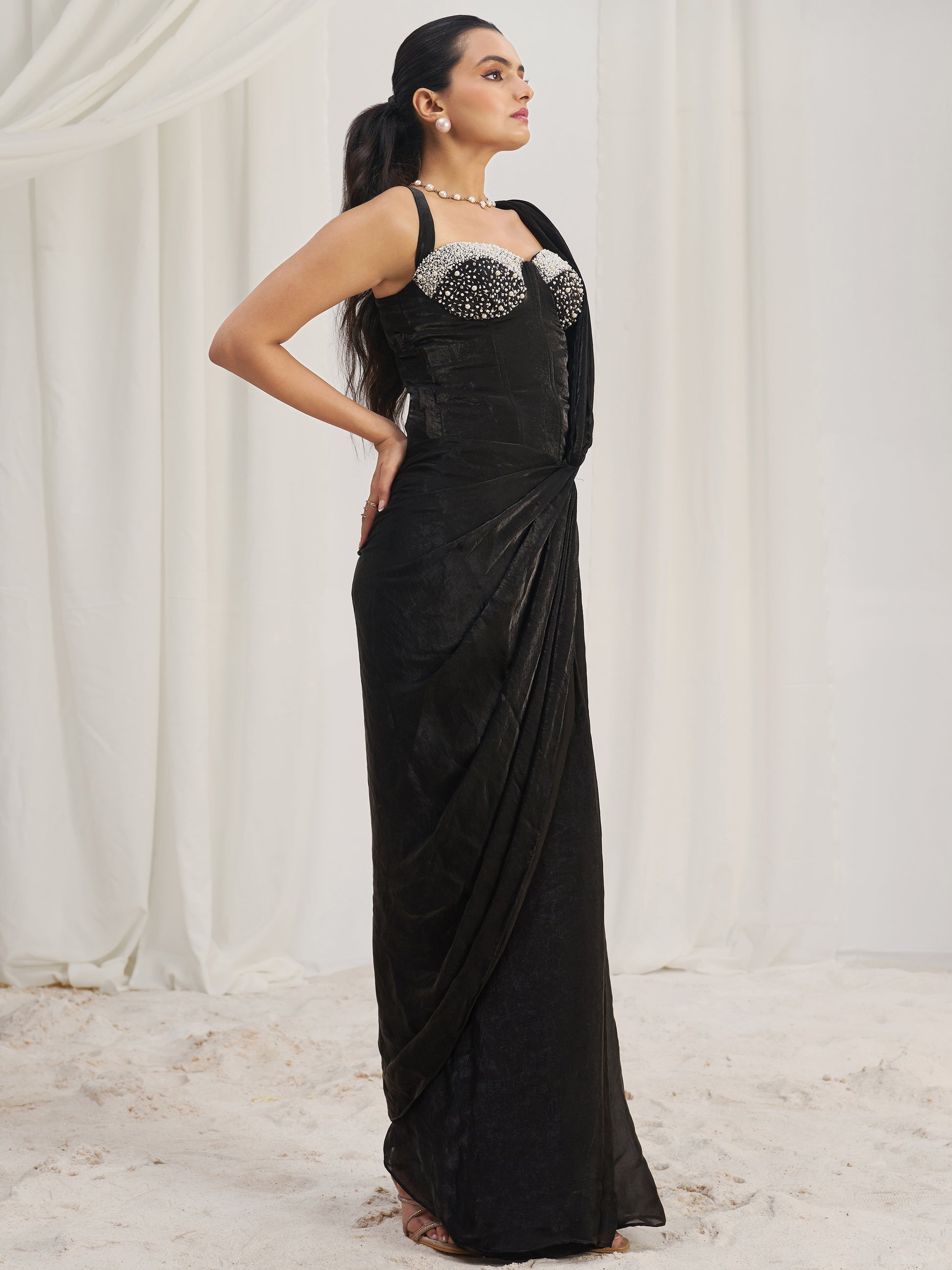 Dazzling Black Organza Pre-Stitched Saree With Corset Blouse