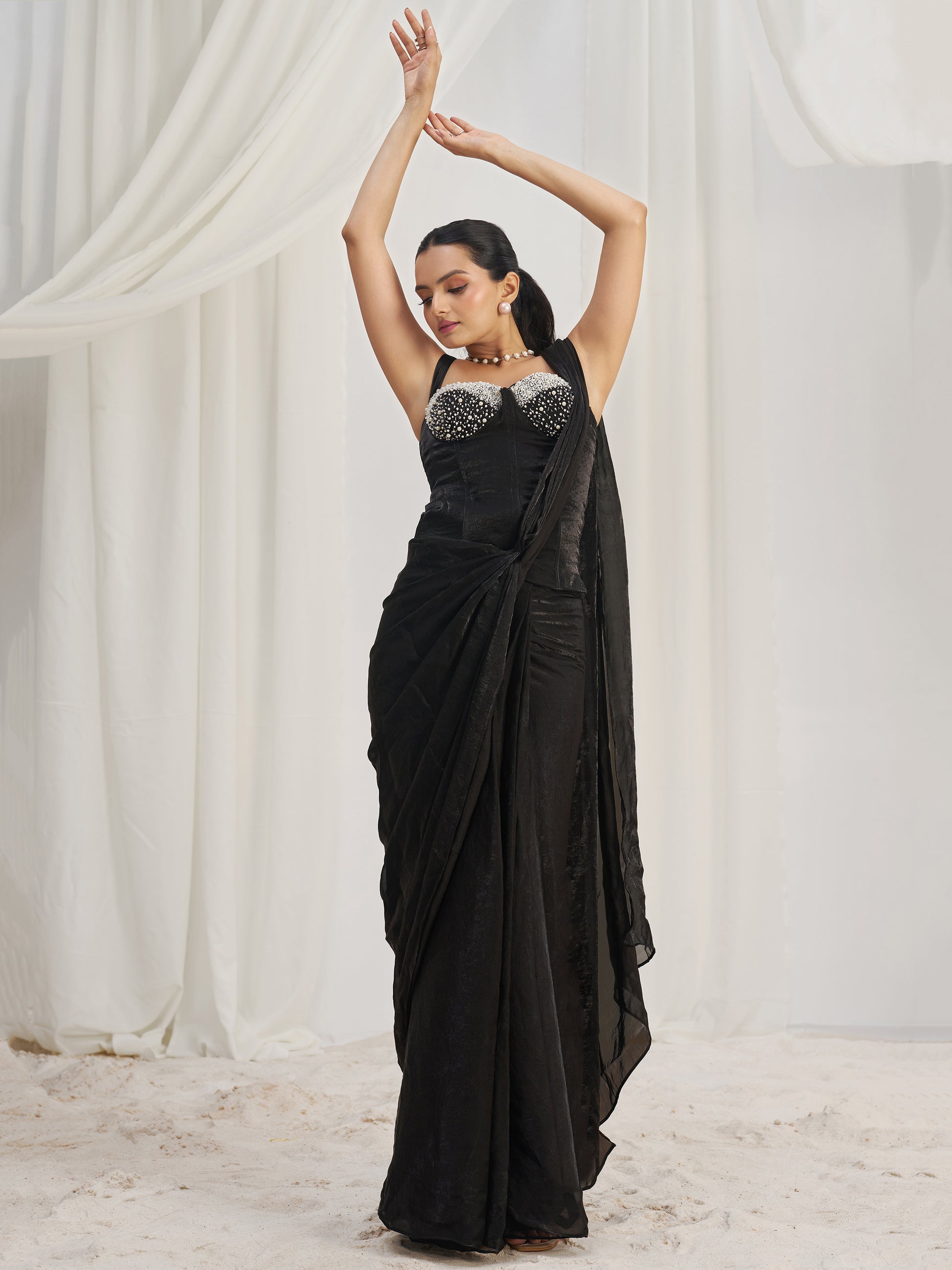 Dazzling Black Organza Pre-Stitched Saree With Corset Blouse