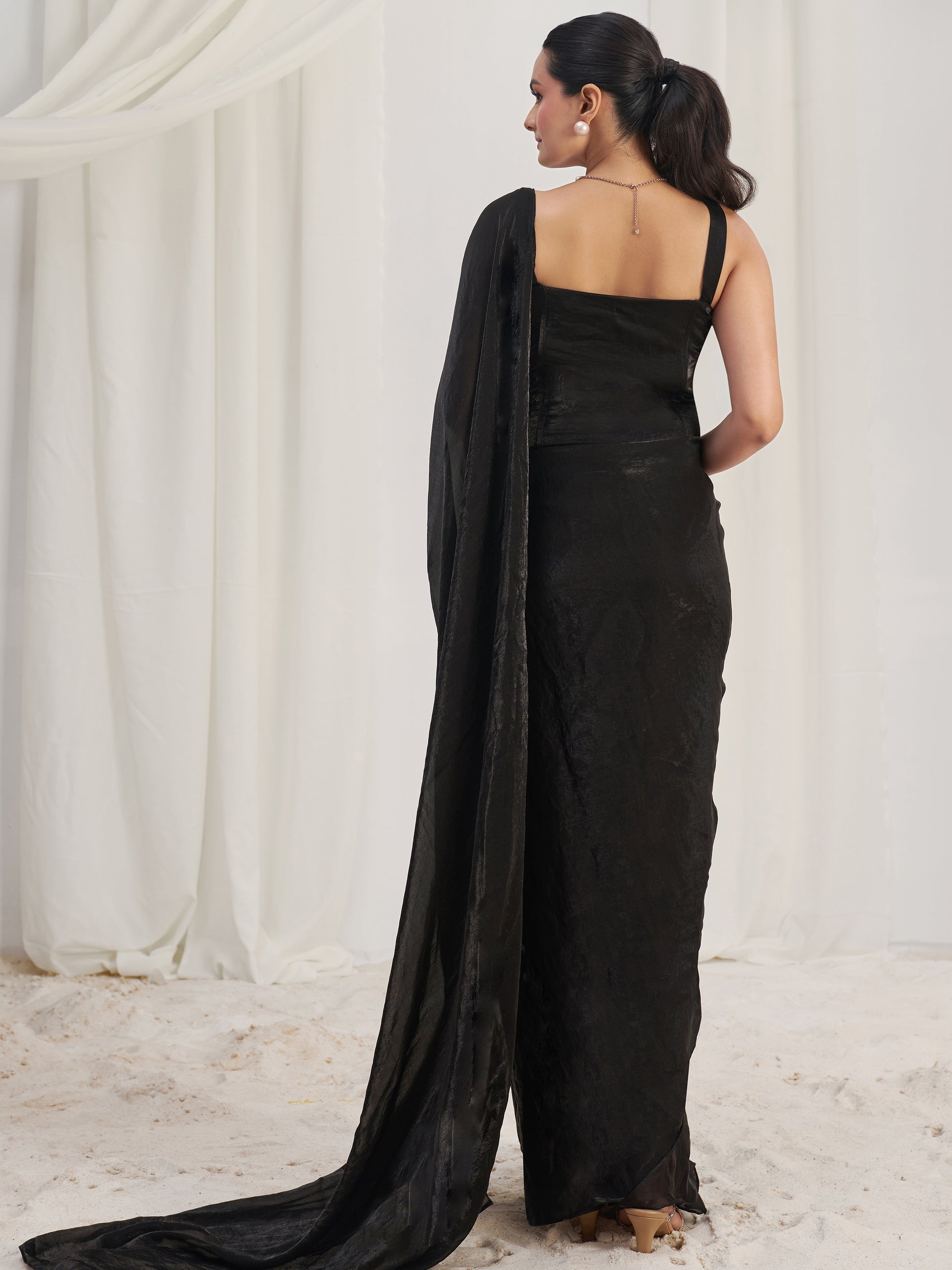 Dazzling Black Organza Pre-Stitched Saree With Corset Blouse
