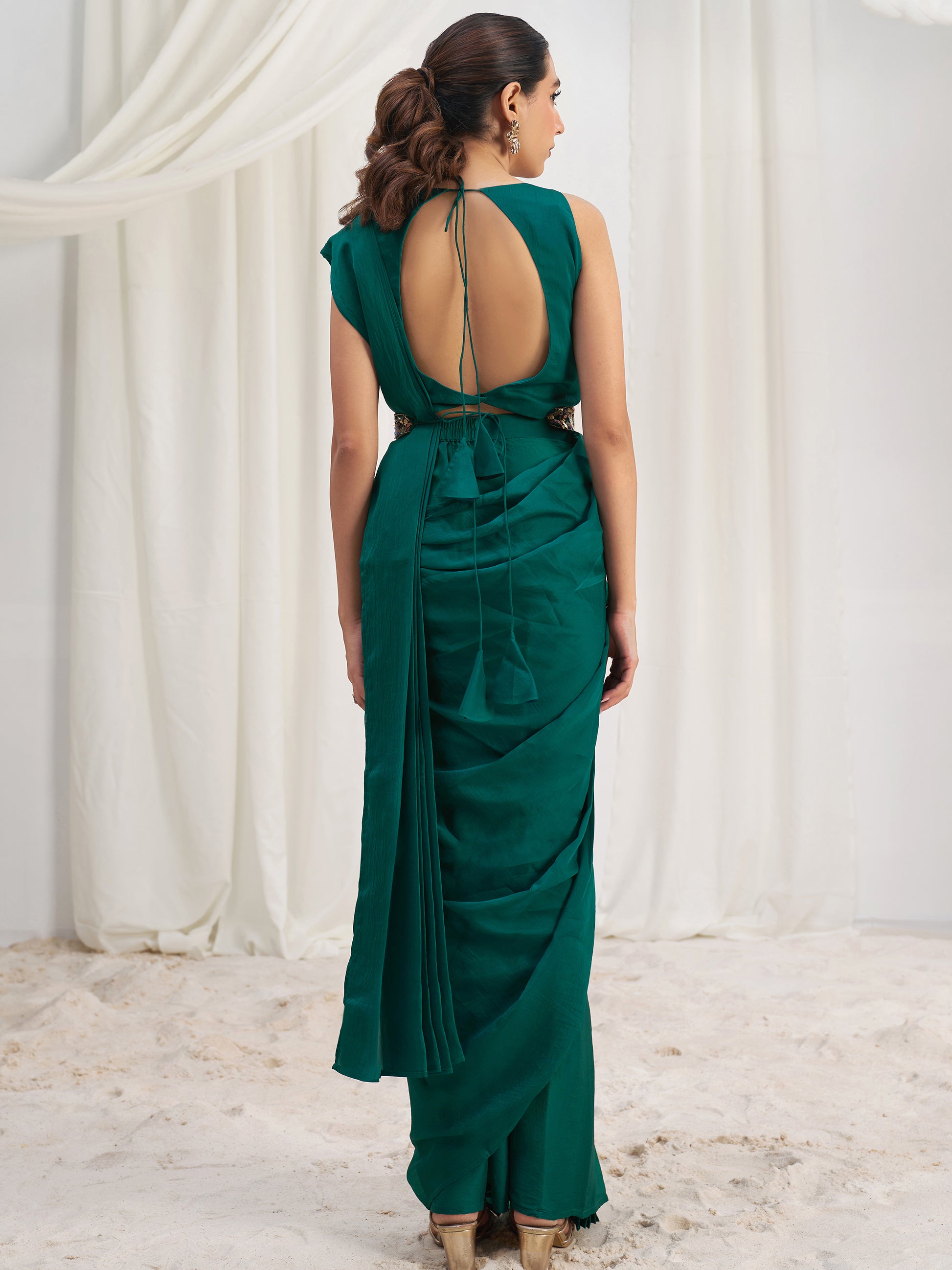 Awesome Teal Green Organza Silk Ready To Wear Saree With Blouse