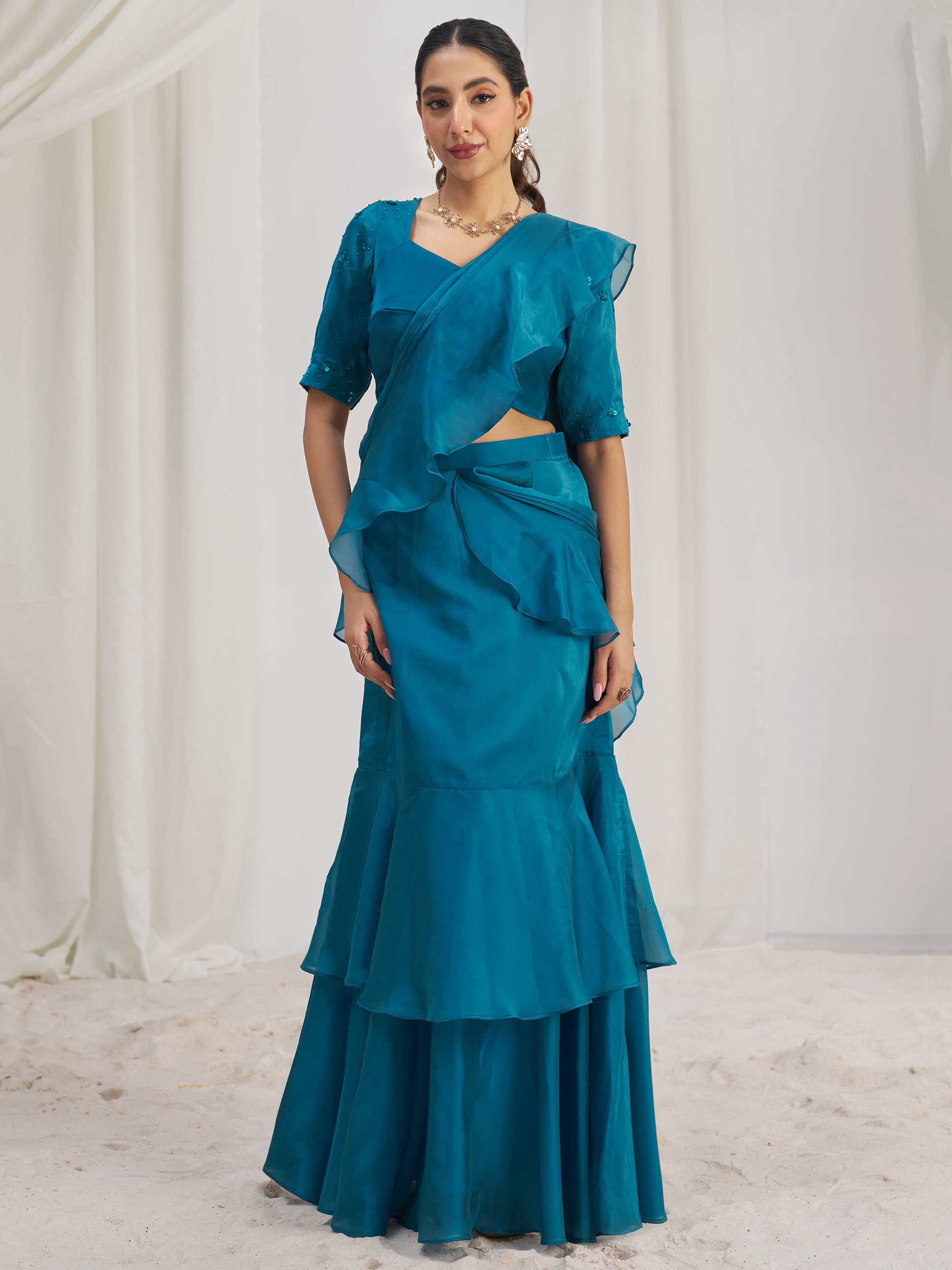 Spectacular Teal Blue Hand Work Organza Silk Ready To Wear Ruffle Saree