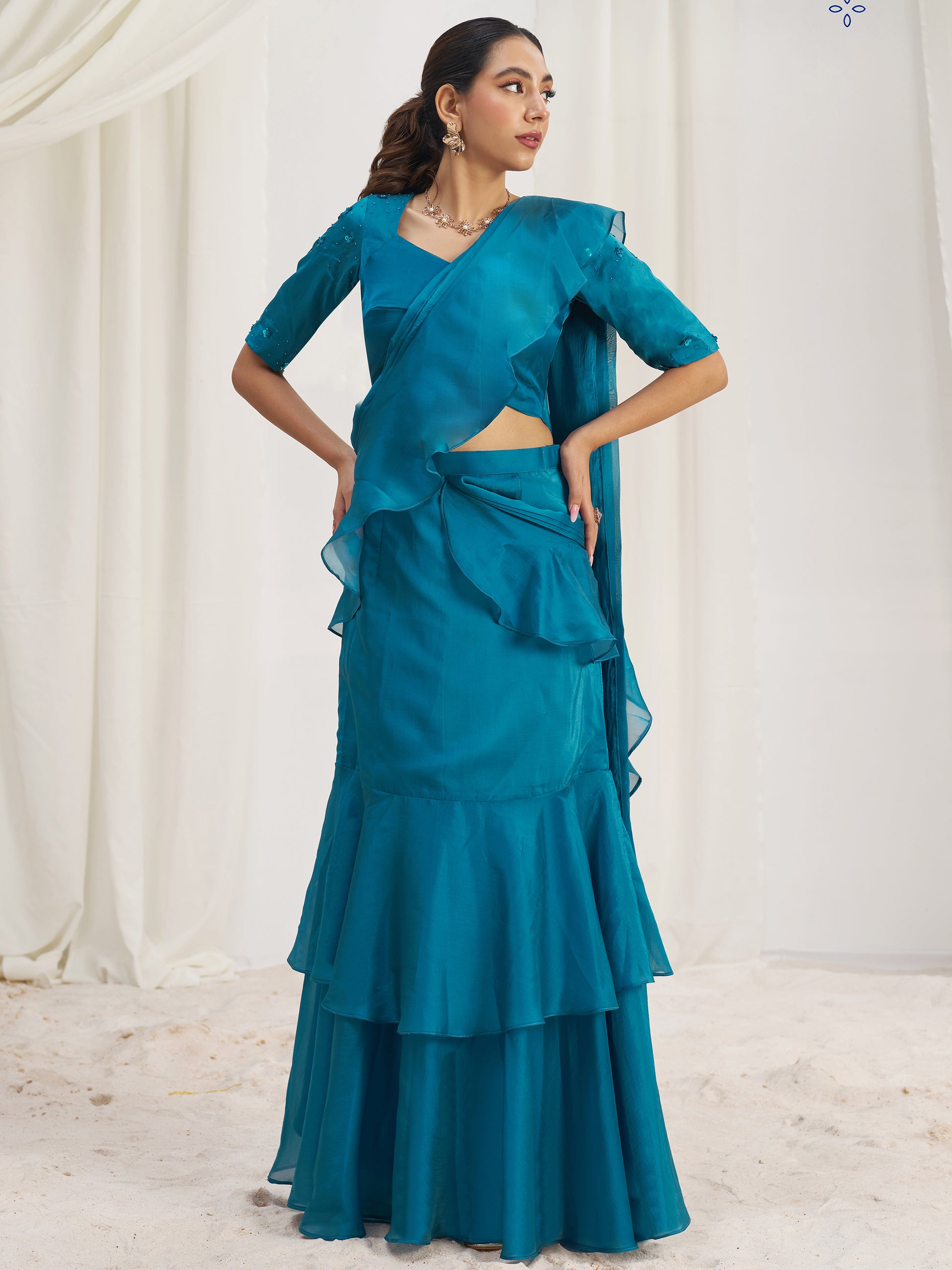 Spectacular Teal Blue Hand Work Organza Silk Ready To Wear Ruffle Saree