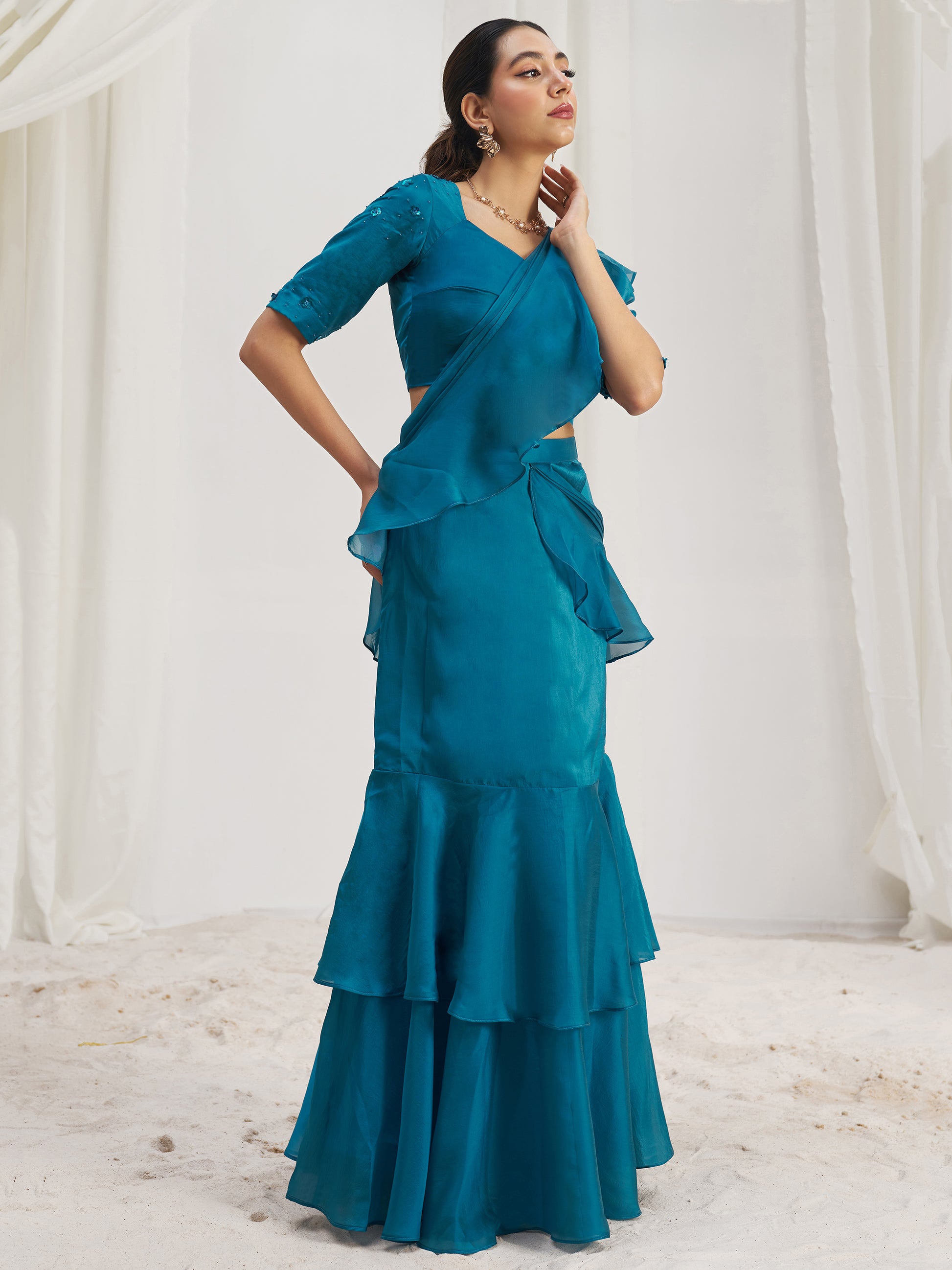 Spectacular Teal Blue Hand Work Organza Silk Ready To Wear Ruffle Saree