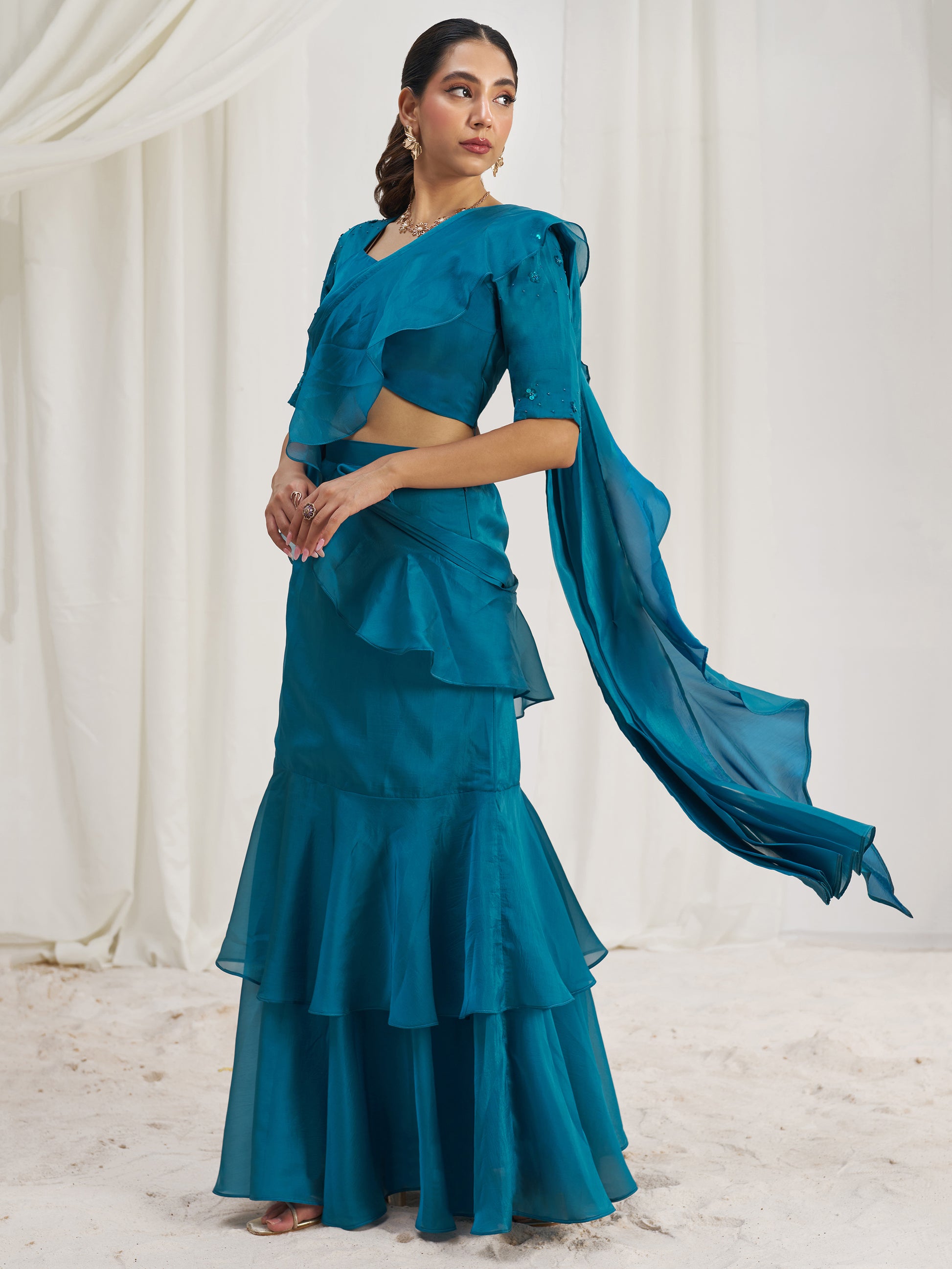 Spectacular Teal Blue Hand Work Organza Silk Ready To Wear Ruffle Saree