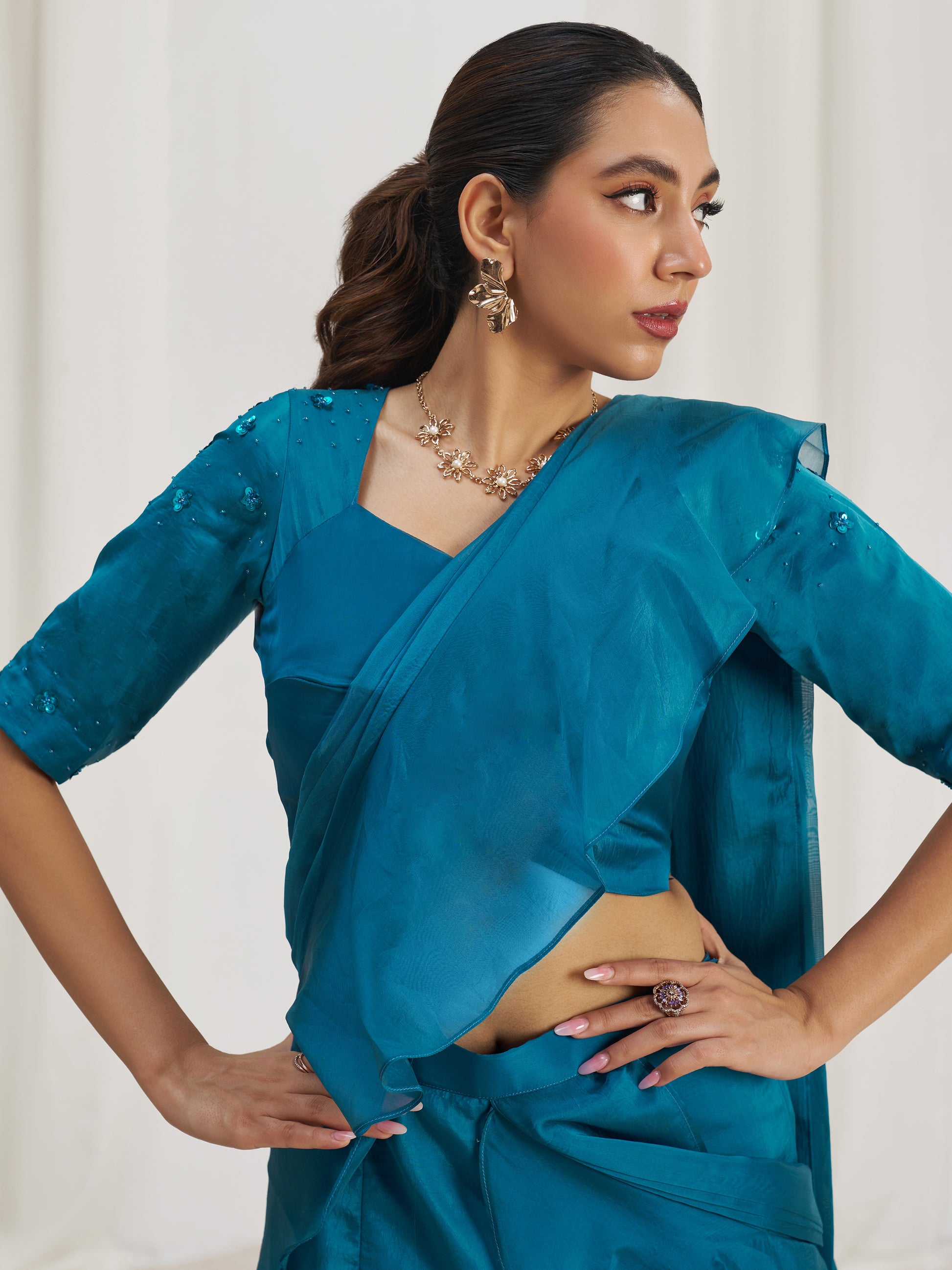 Spectacular Teal Blue Hand Work Organza Silk Ready To Wear Ruffle Saree