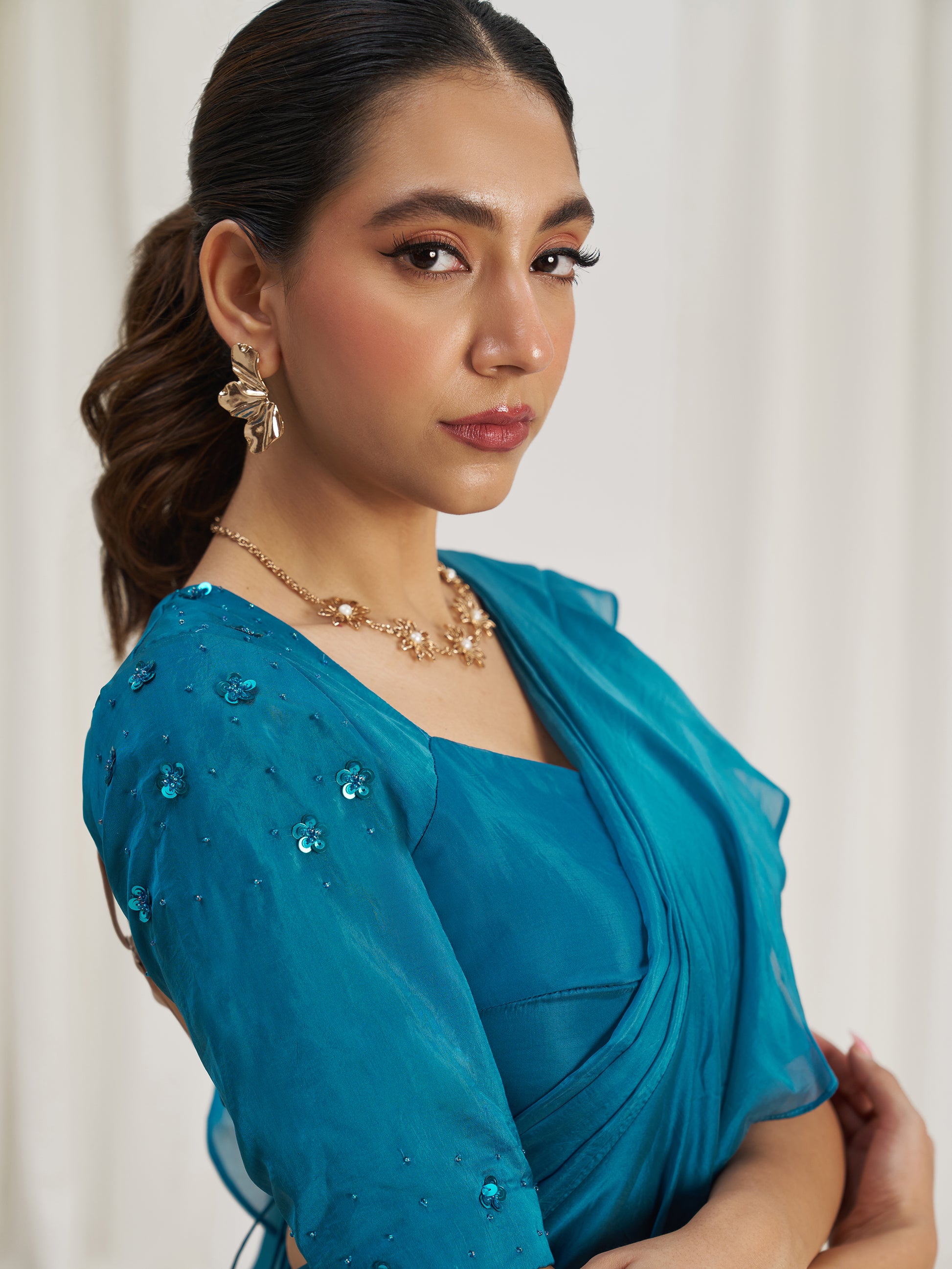 Spectacular Teal Blue Hand Work Organza Silk Ready To Wear Ruffle Saree