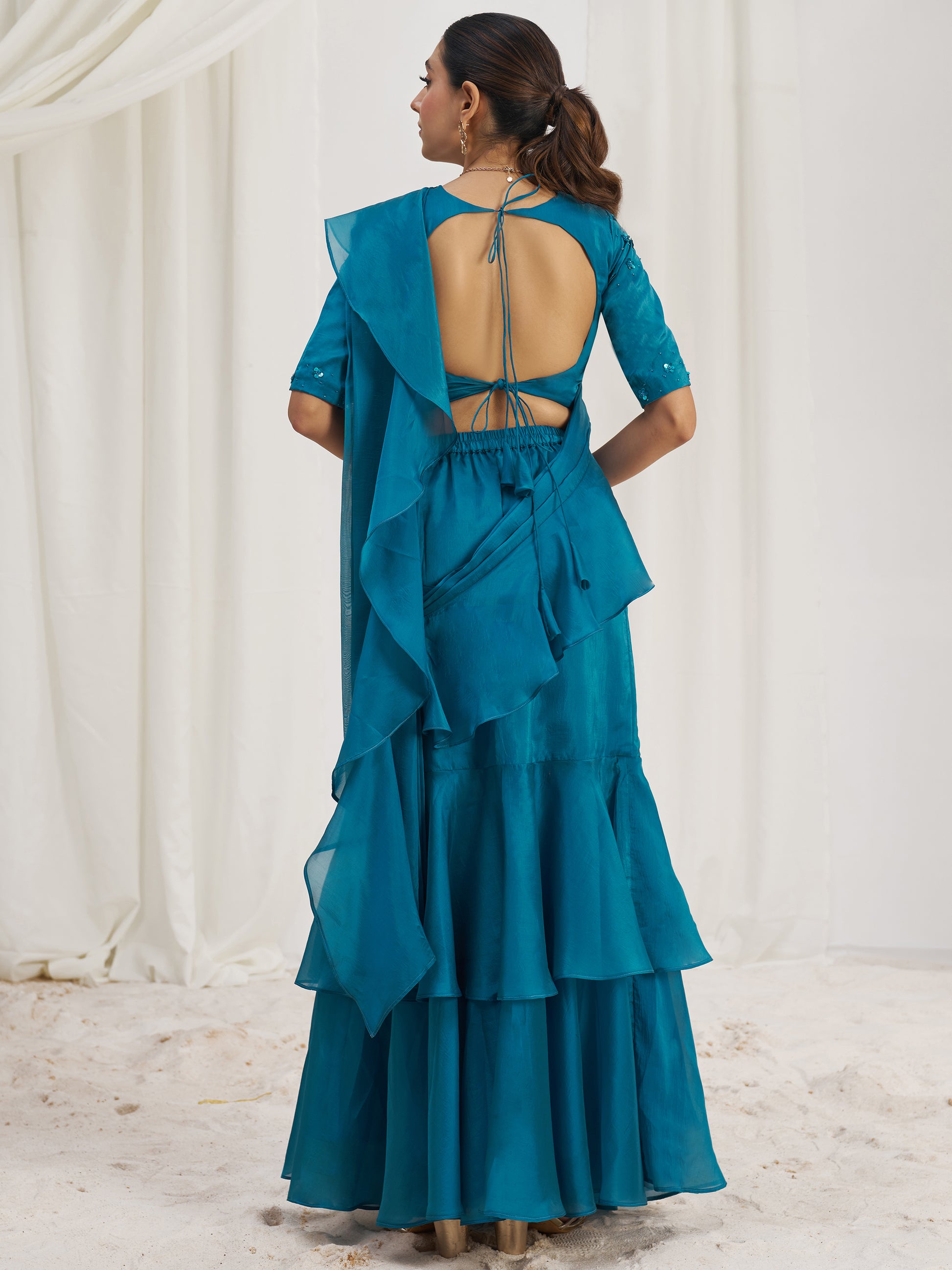 Spectacular Teal Blue Hand Work Organza Silk Ready To Wear Ruffle Saree