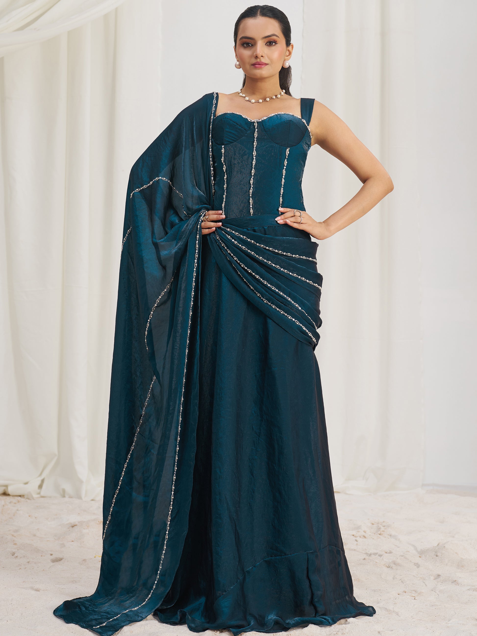 Fascinating Navy Blue Organza Silk Pre-Stitched Saree With Corset Blouse