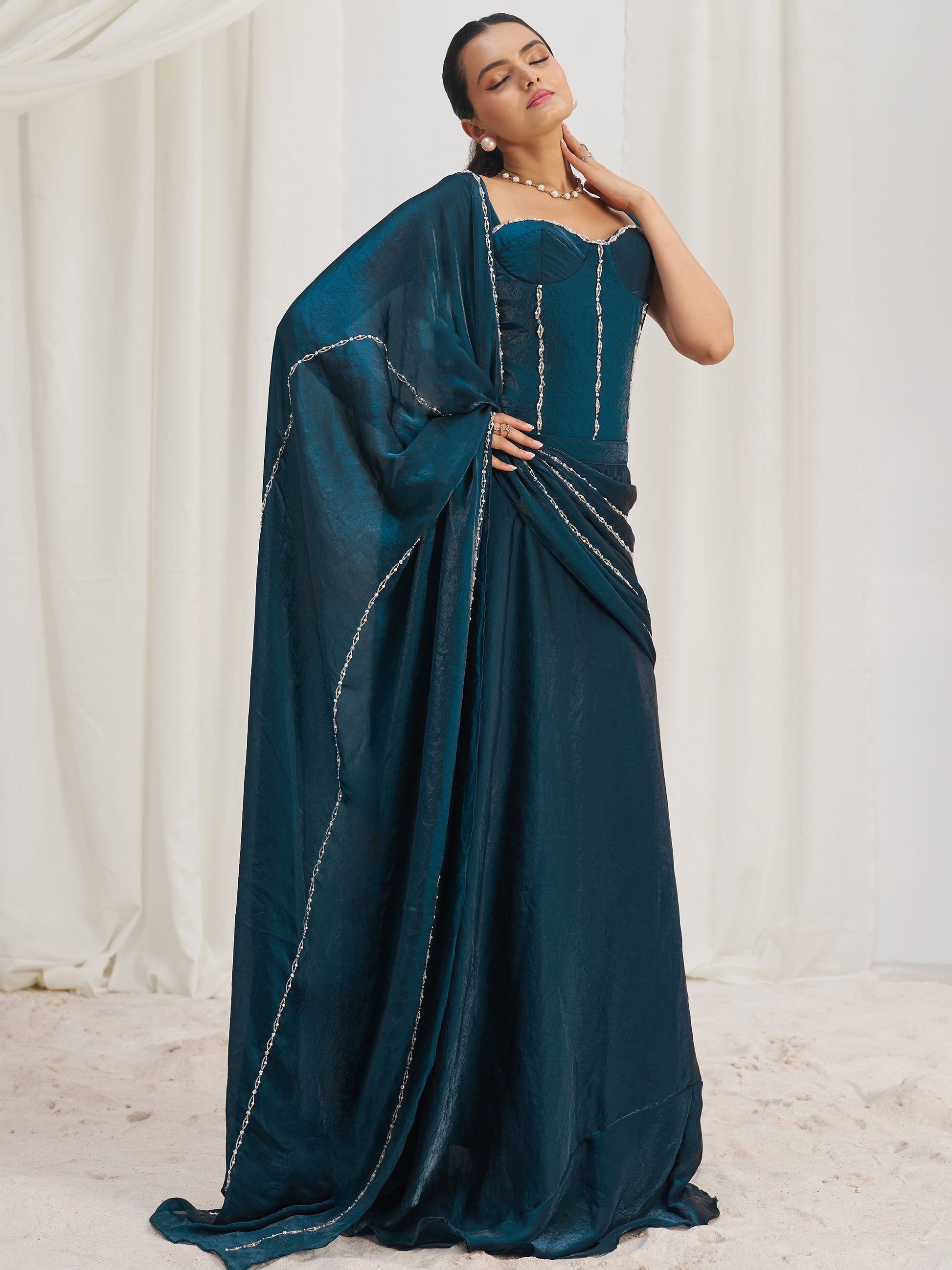 Fascinating Navy Blue Organza Silk Pre-Stitched Saree With Corset Blouse