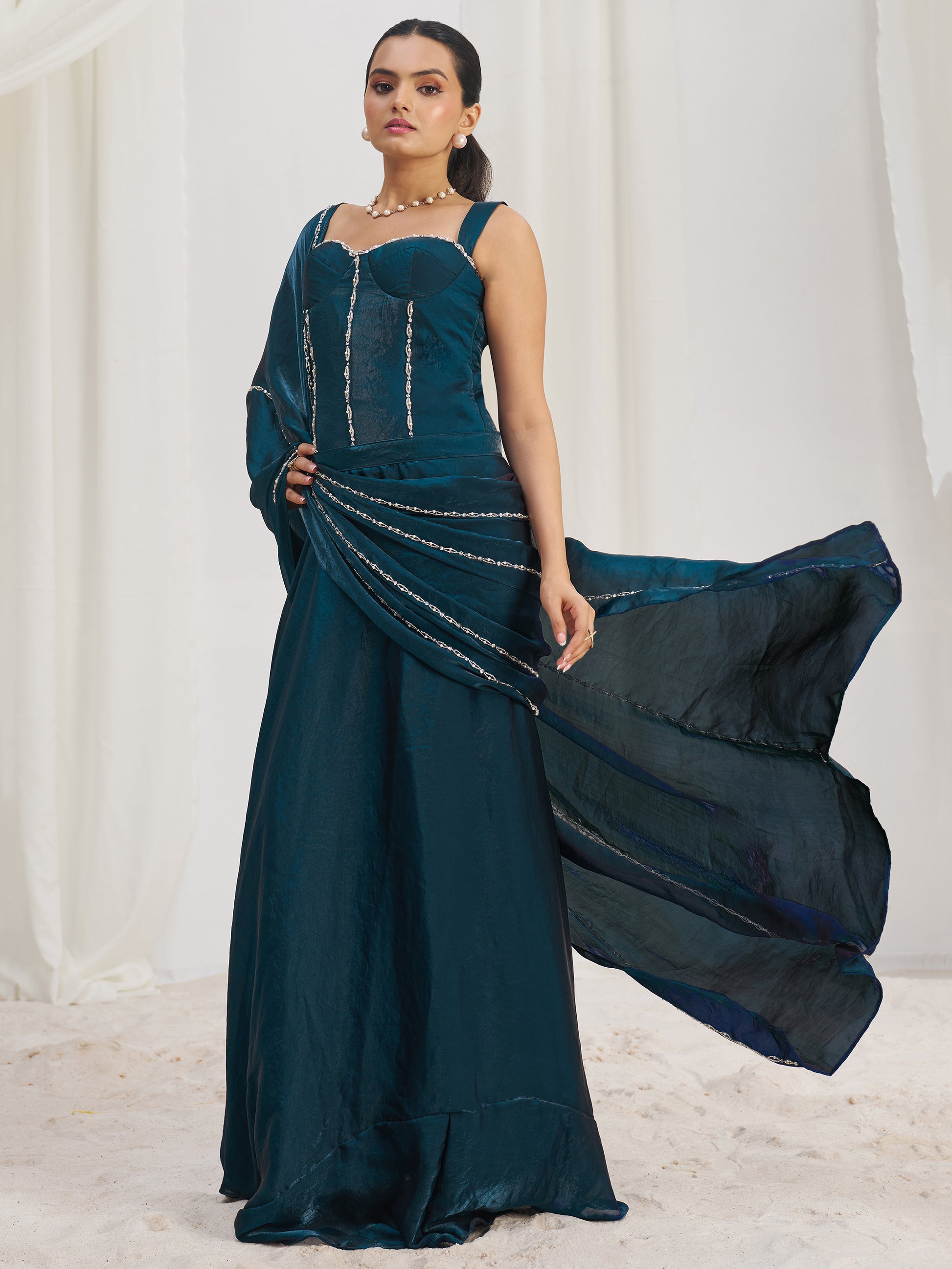 Fascinating Navy Blue Organza Silk Pre-Stitched Saree With Corset Blouse