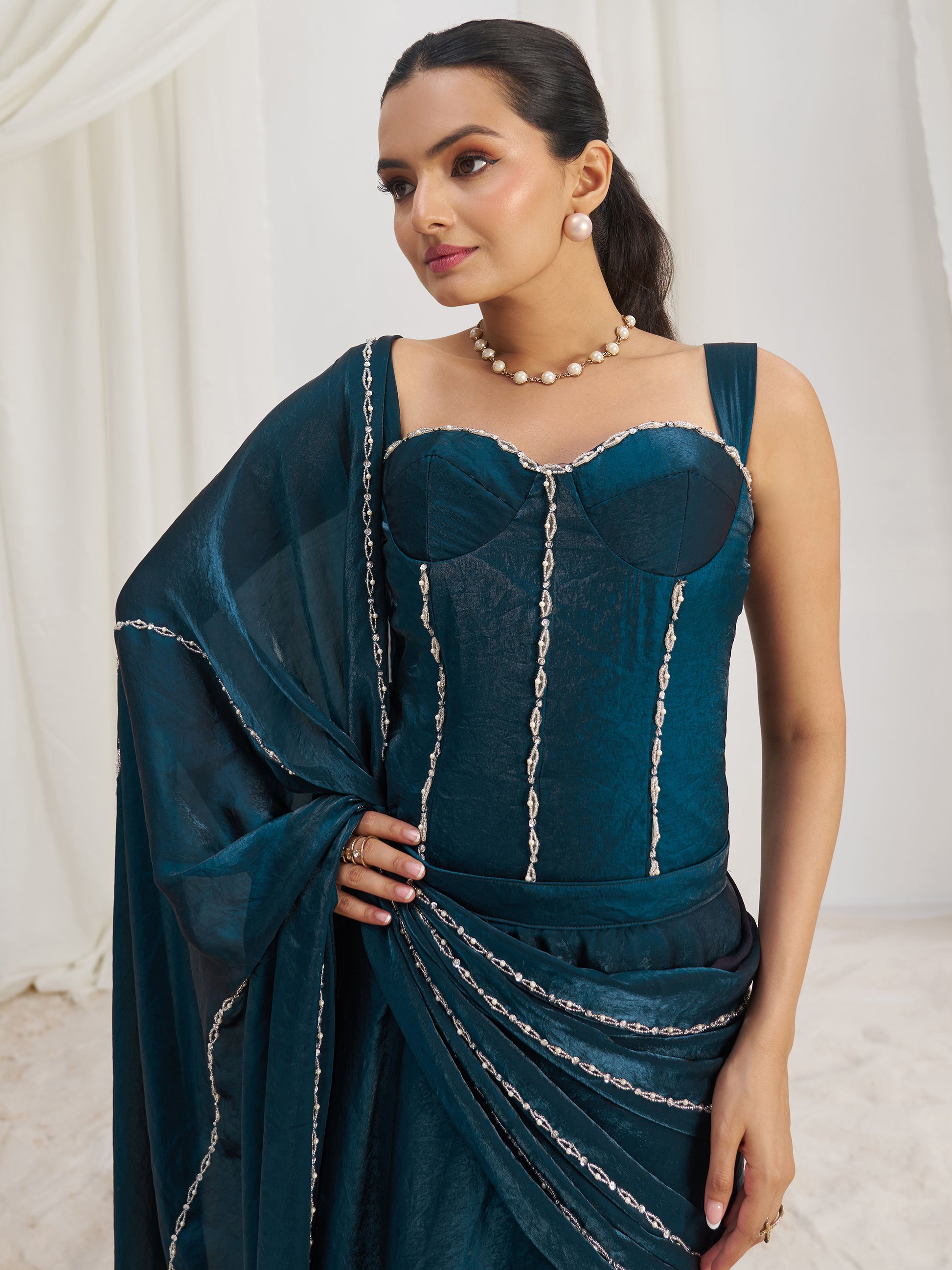 Fascinating Navy Blue Organza Silk Pre-Stitched Saree With Corset Blouse