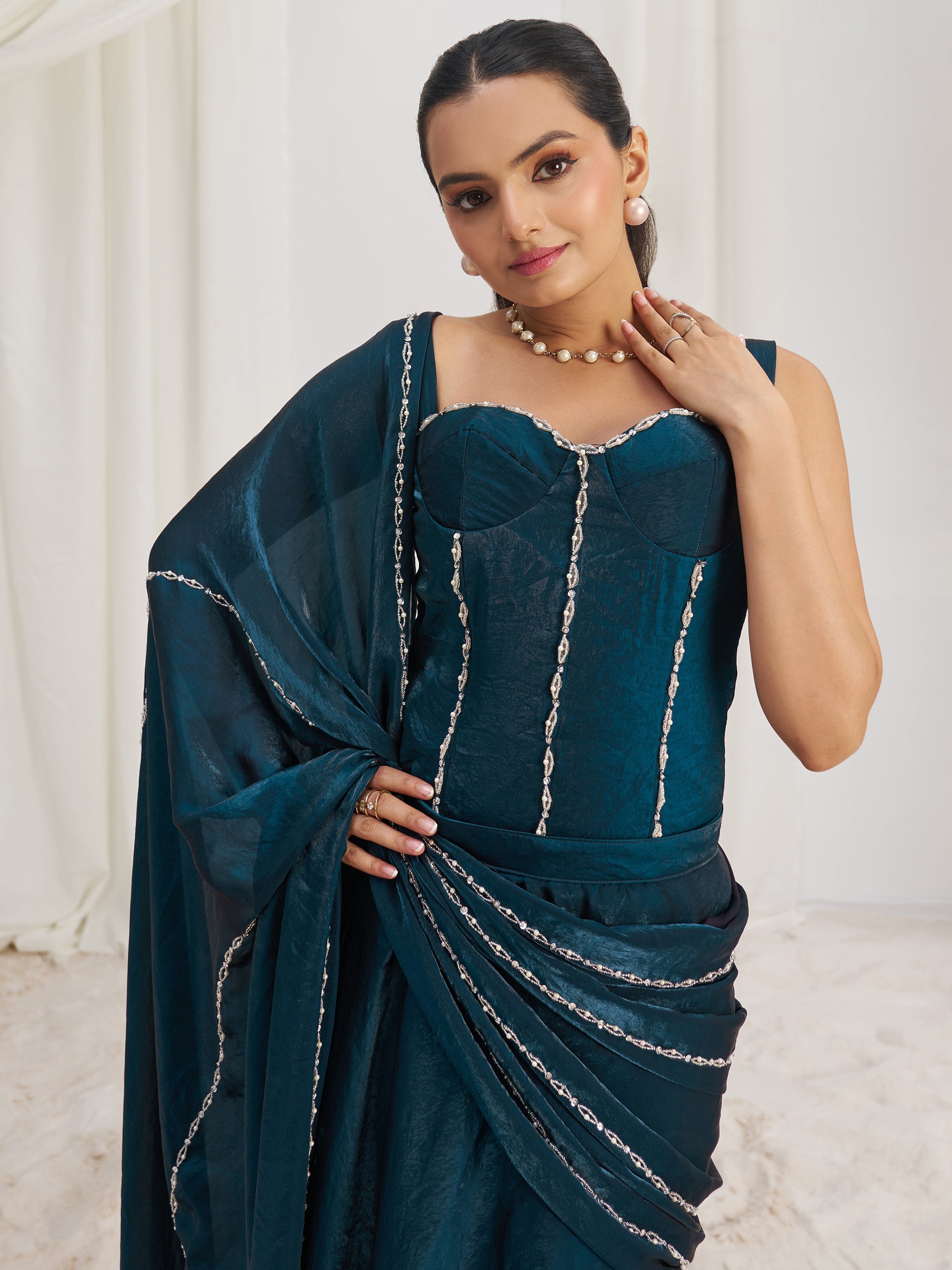 Fascinating Navy Blue Organza Silk Pre-Stitched Saree With Corset Blouse