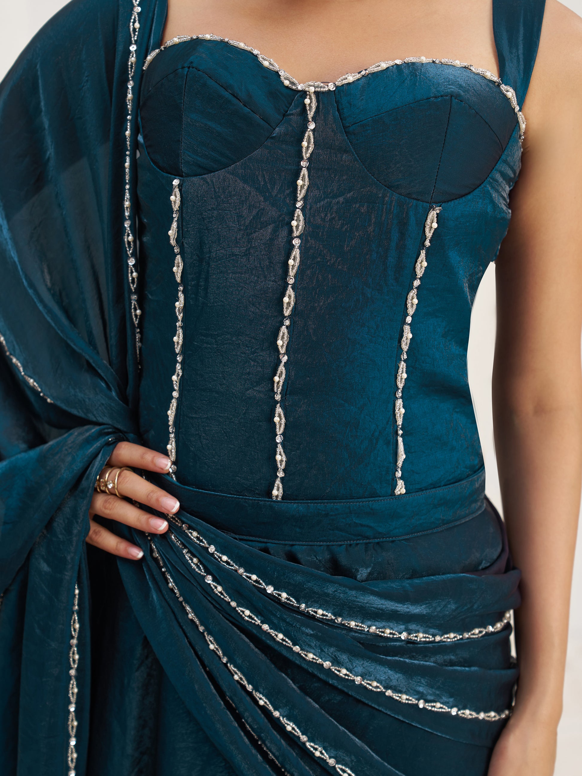 Fascinating Navy Blue Organza Silk Pre-Stitched Saree With Corset Blouse