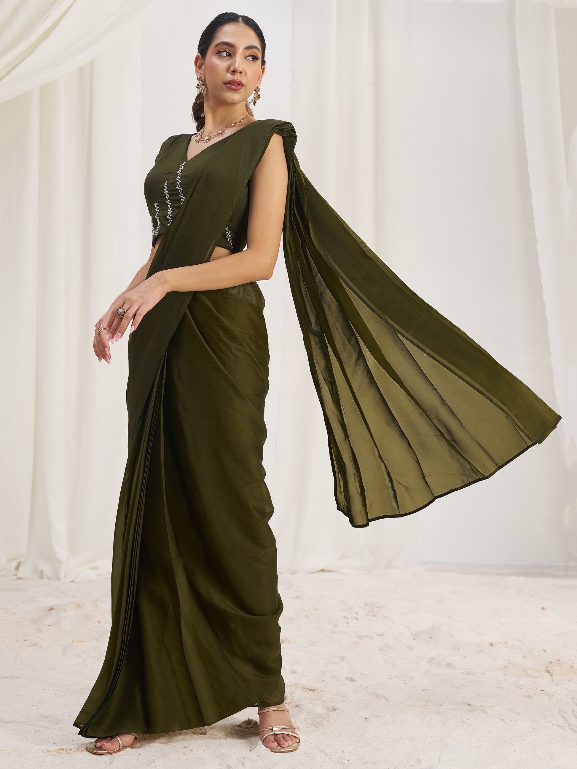 Mesmerizing Olive Green Hand Work Organza Pre-Stitched Saree