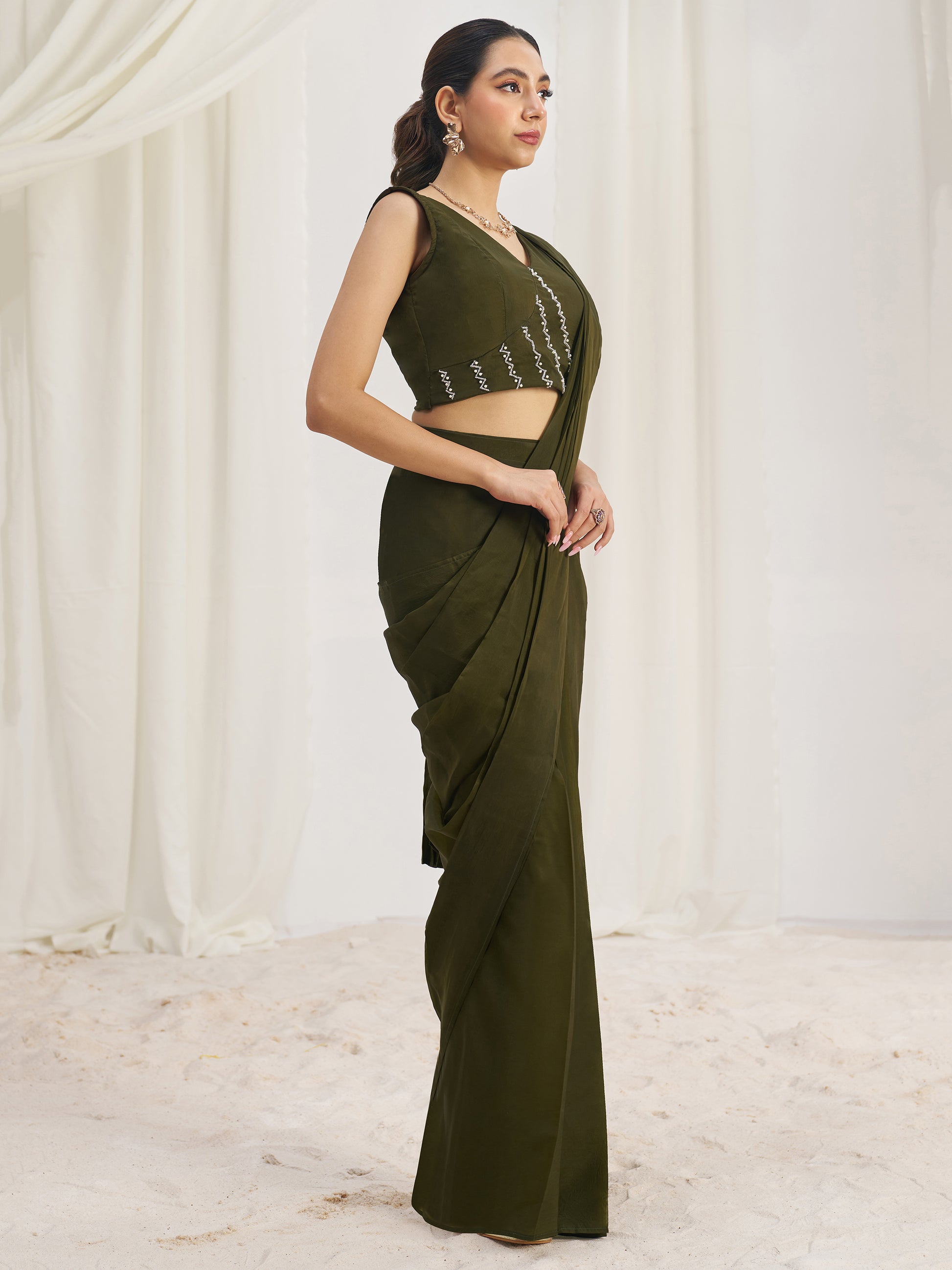 Mesmerizing Olive Green Hand Work Organza Pre-Stitched Saree