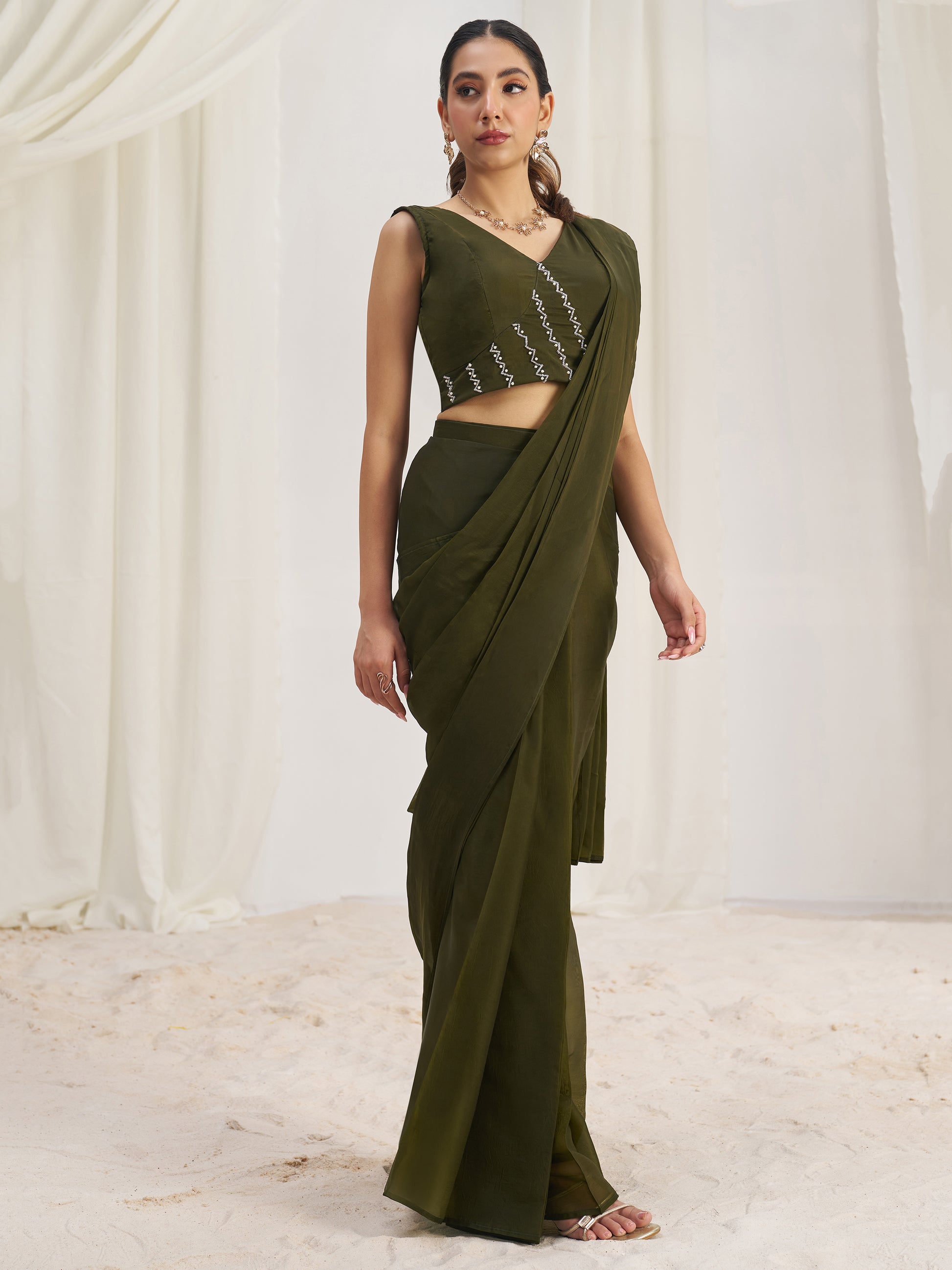 Mesmerizing Olive Green Hand Work Organza Pre-Stitched Saree