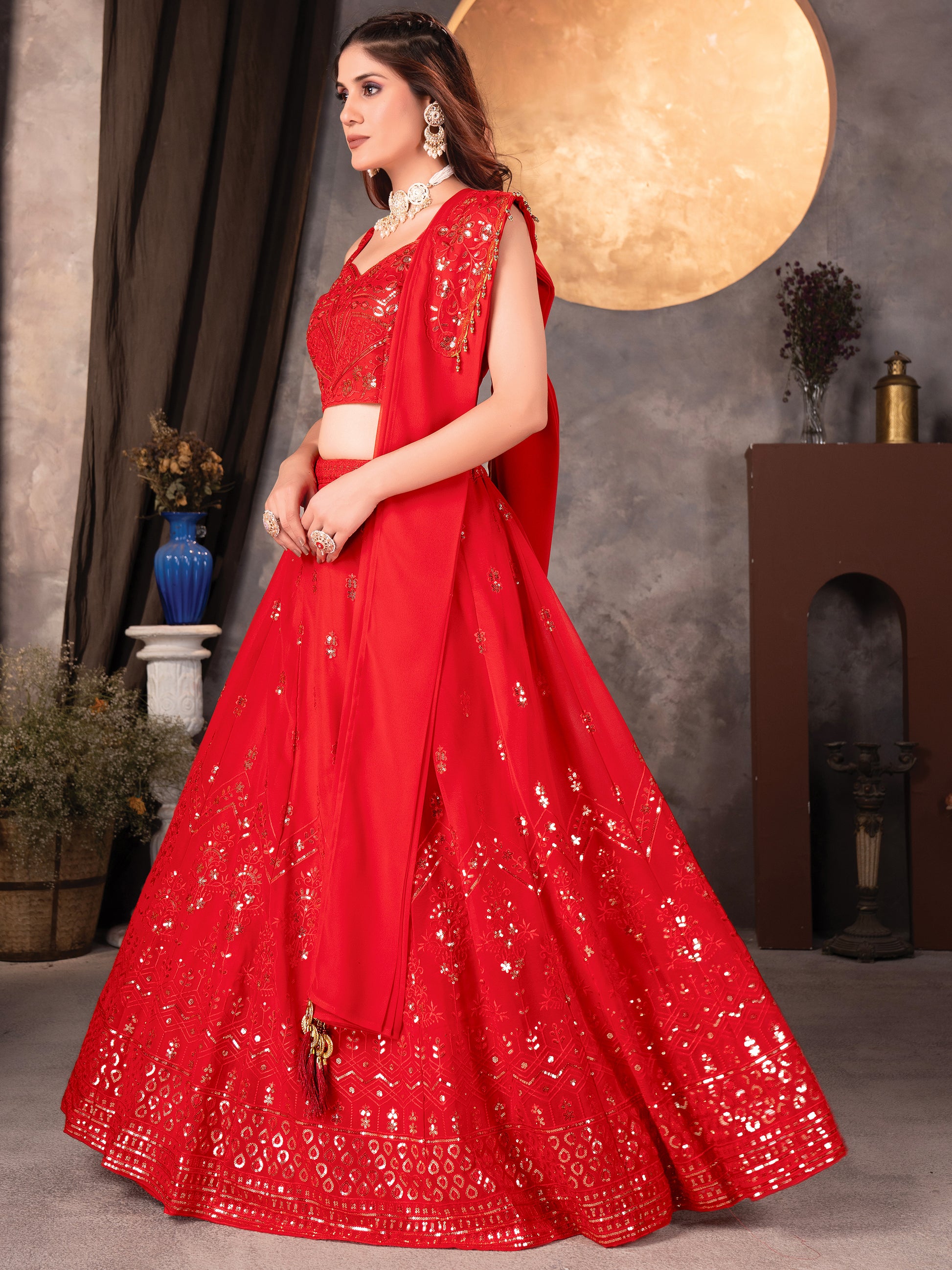 Awesome Red Sequins Georgette Wedding Lehenga Choli With Dupatta