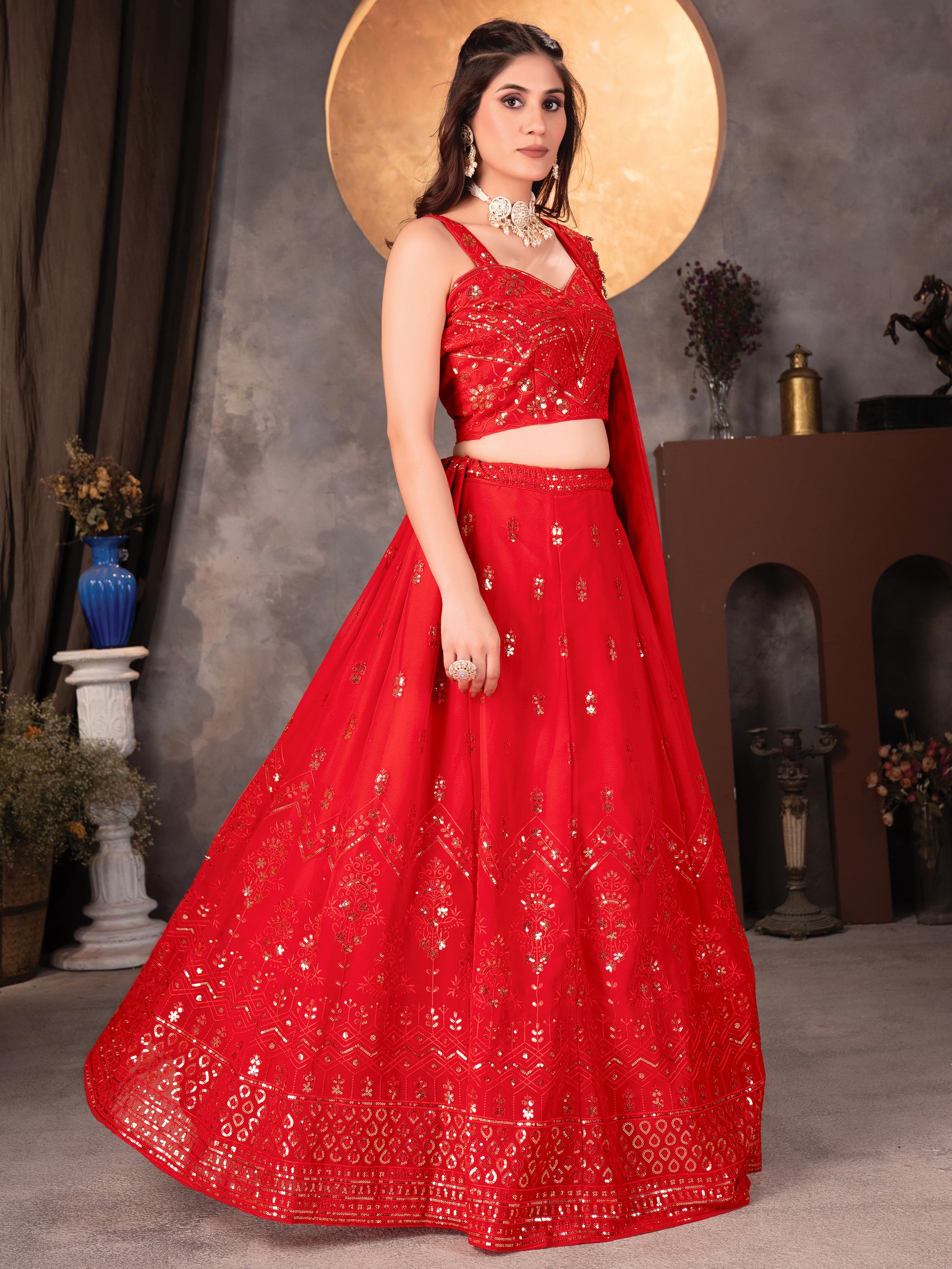 Awesome Red Sequins Georgette Wedding Lehenga Choli With Dupatta