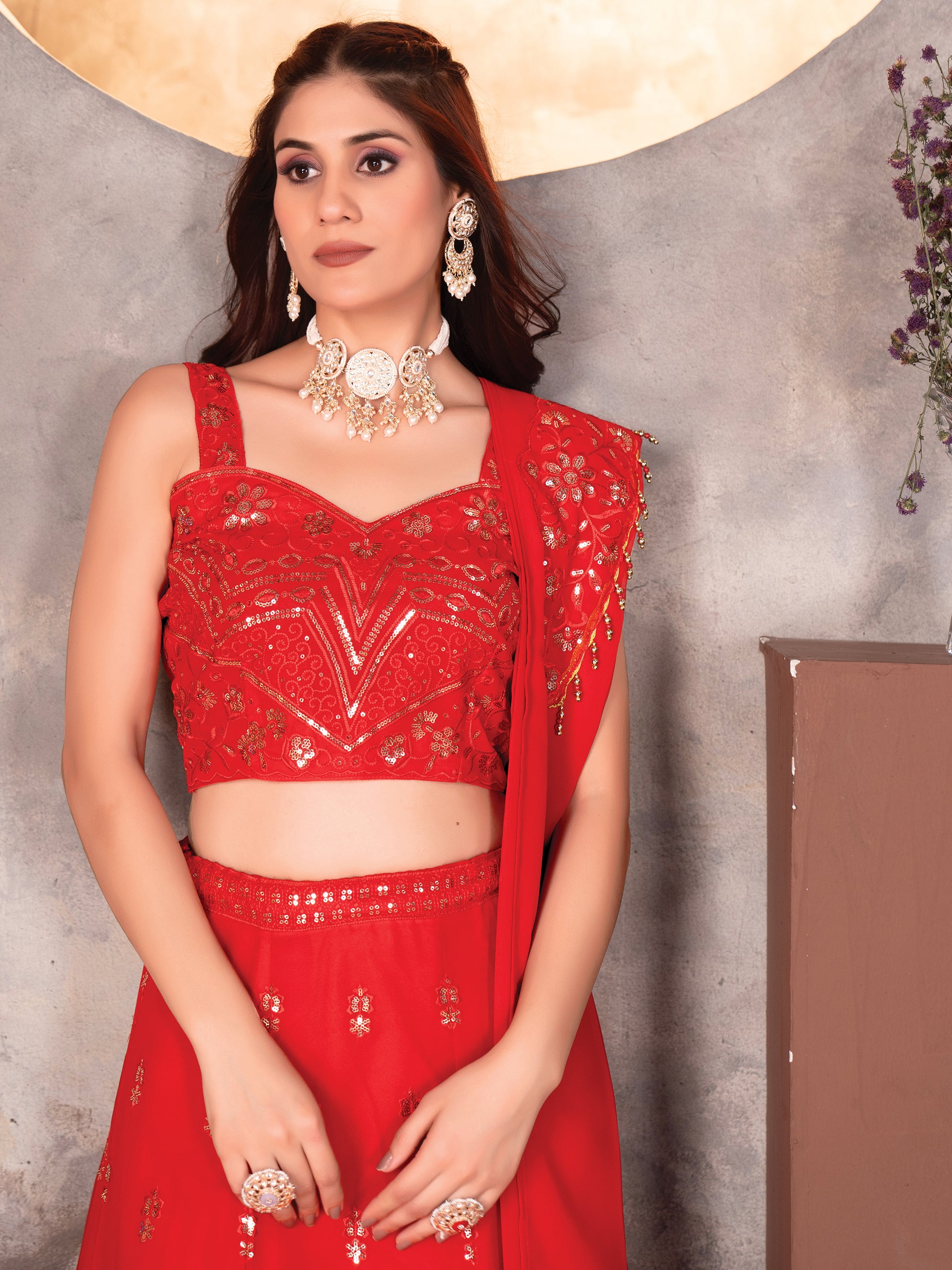 Awesome Red Sequins Georgette Wedding Lehenga Choli With Dupatta