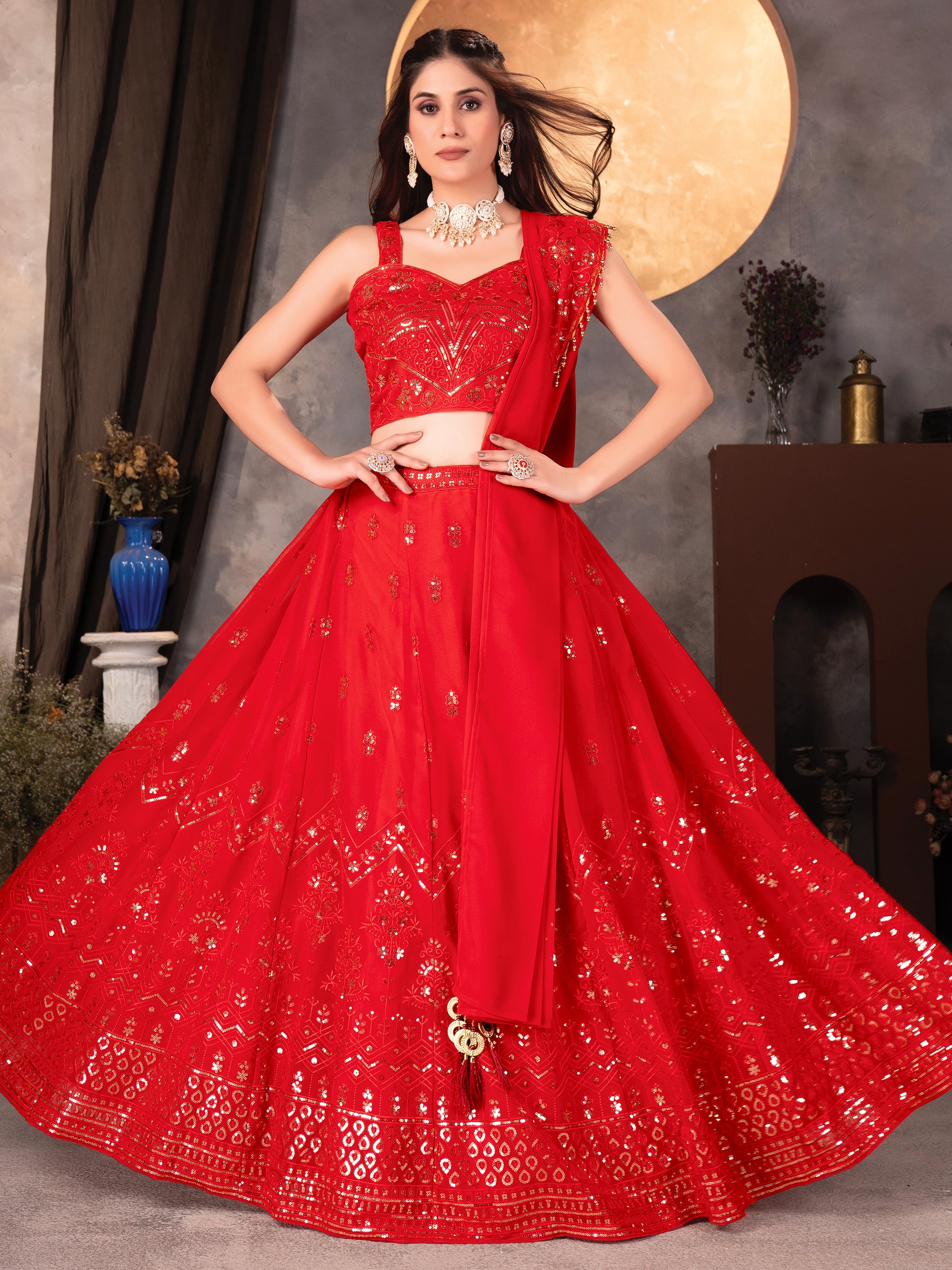 Awesome Red Sequins Georgette Wedding Lehenga Choli With Dupatta