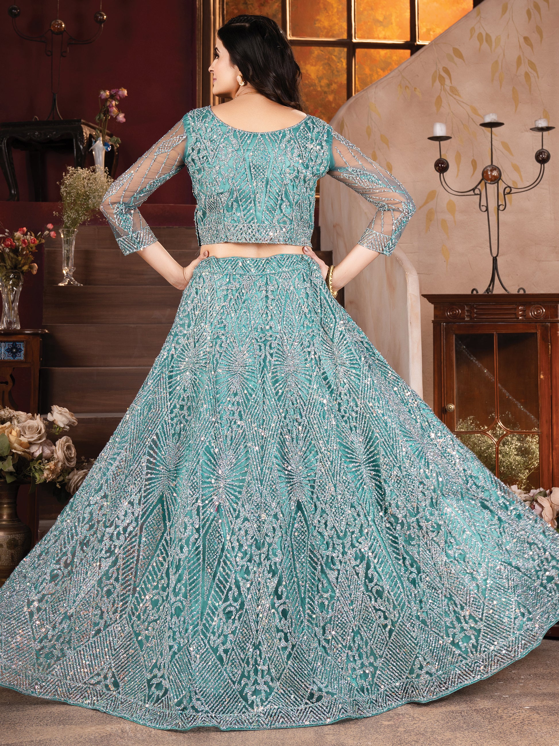 Amazing Sky-Blue Zarkan Work Net Designer Lehenga Choli With Dupatta