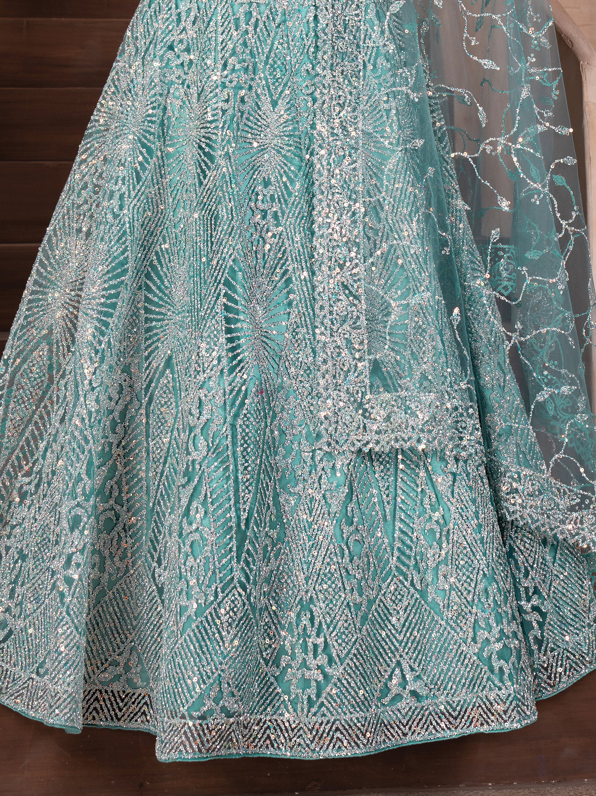 Amazing Sky-Blue Zarkan Work Net Designer Lehenga Choli With Dupatta