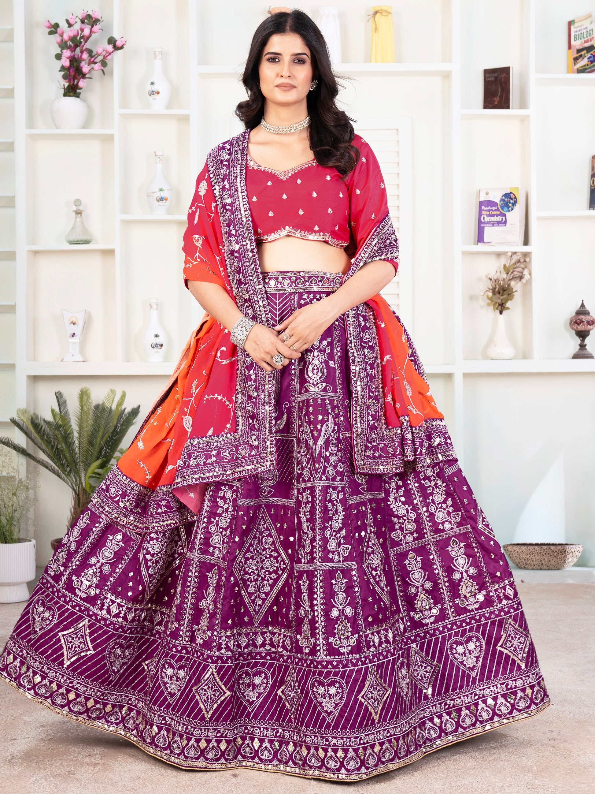 Fascinating Purple Sequins Silk Wedding Lehenga Choli With Dupatta