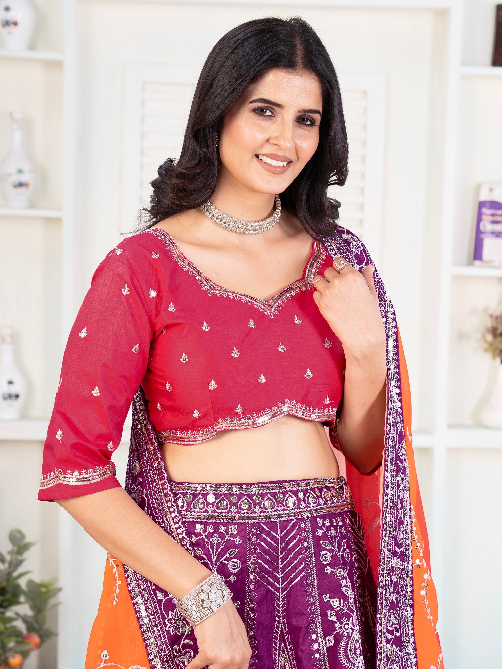 Fascinating Purple Sequins Silk Wedding Lehenga Choli With Dupatta