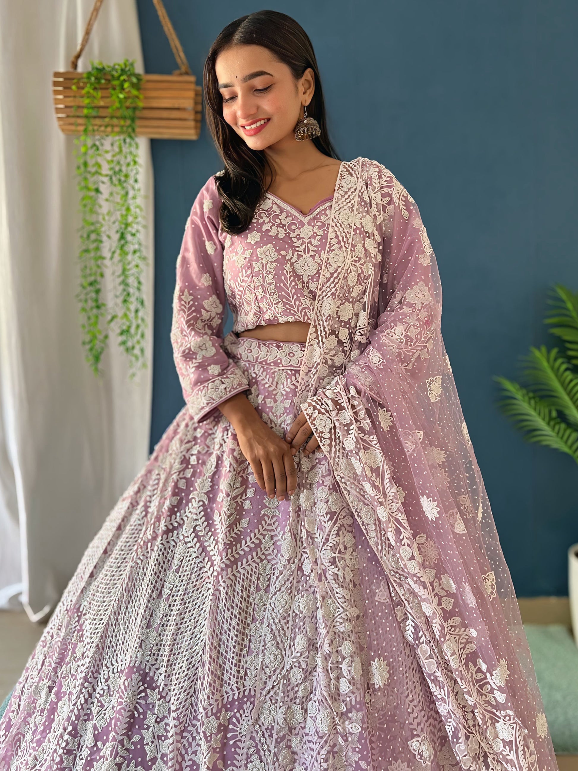 Spectacular Lilac Pearl Work Net Bridesmaid Lehenga Choli With Dupatta