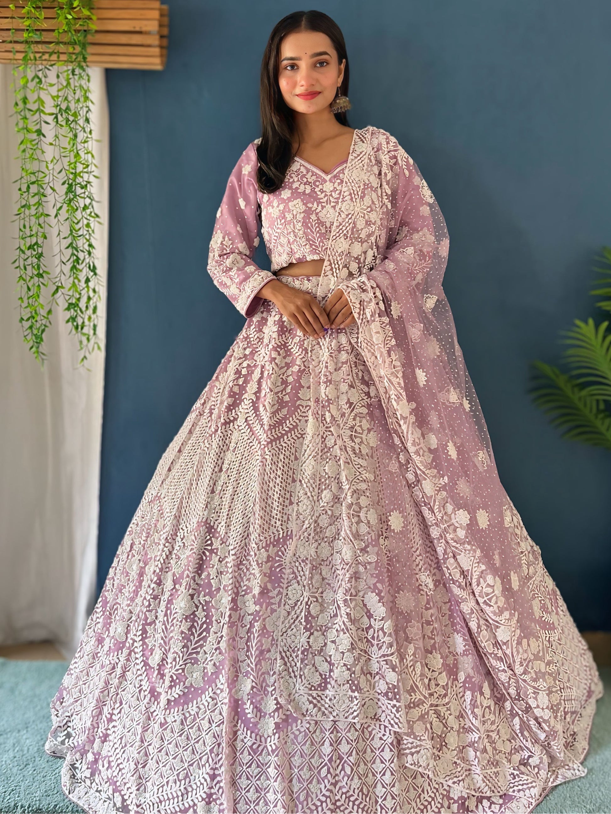 Spectacular Lilac Pearl Work Net Bridesmaid Lehenga Choli With Dupatta
