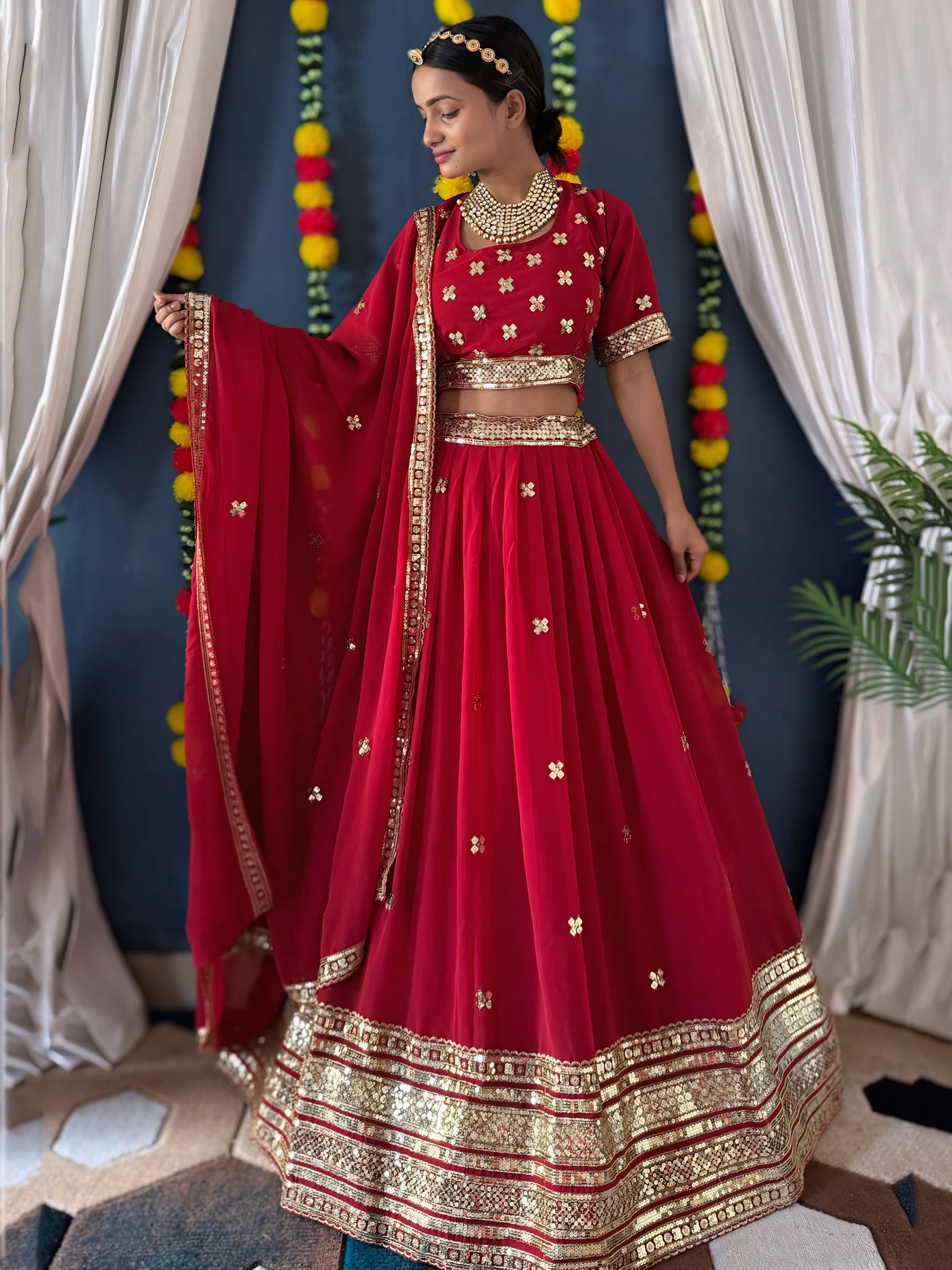 Lovely Red Zari Work Georgette Bridal Lehenga Choli