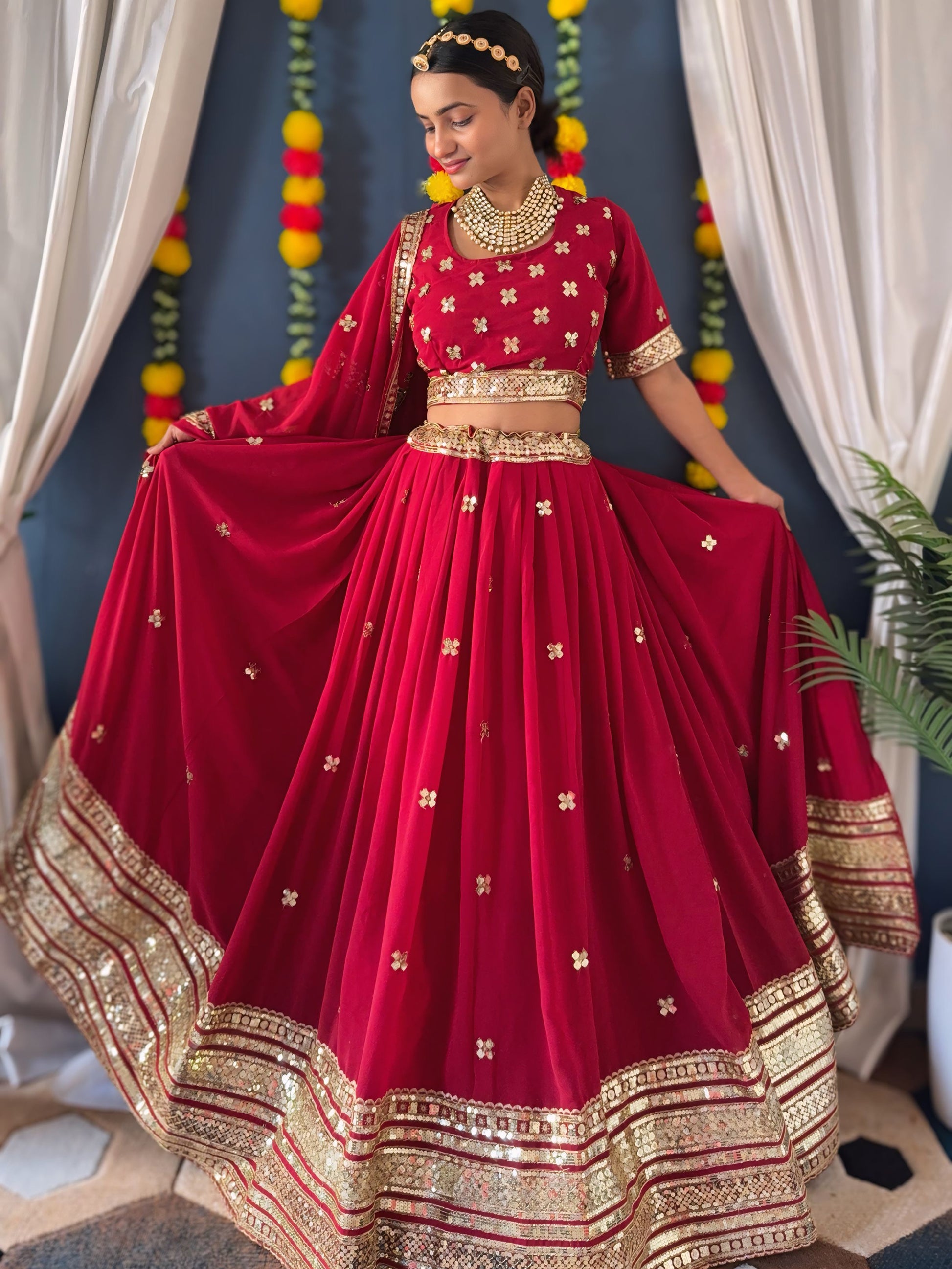 Lovely Red Zari Work Georgette Bridal Lehenga Choli