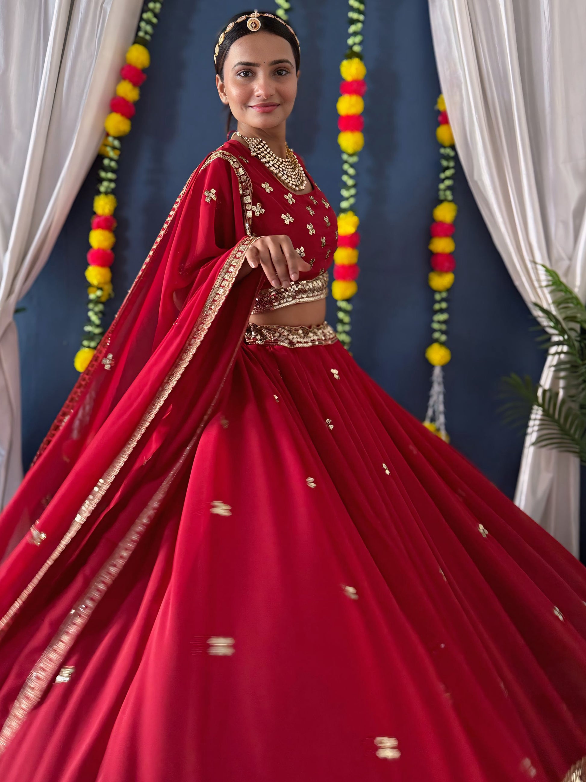 Lovely Red Zari Work Georgette Bridal Lehenga Choli