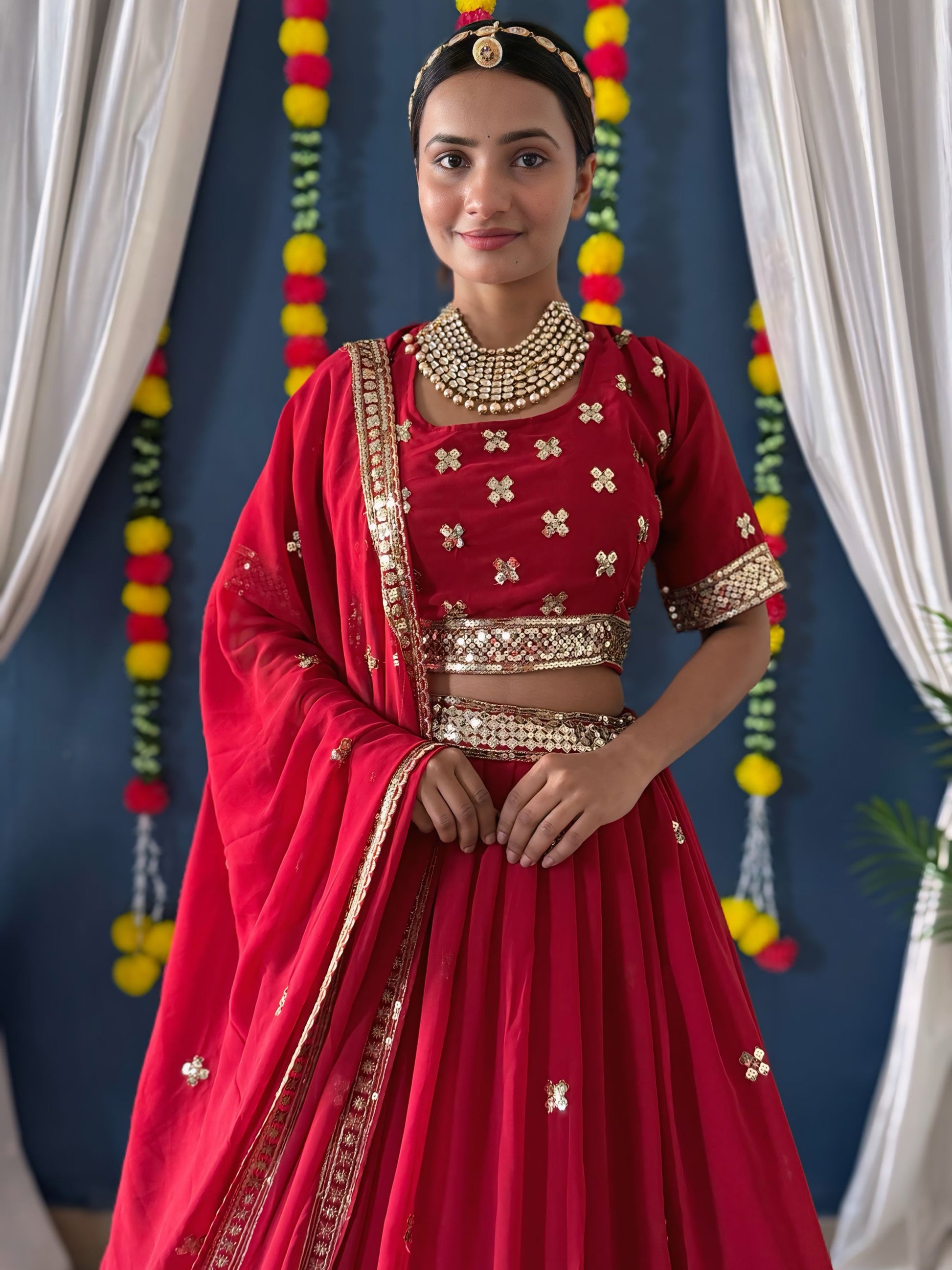 Lovely Red Zari Work Georgette Bridal Lehenga Choli