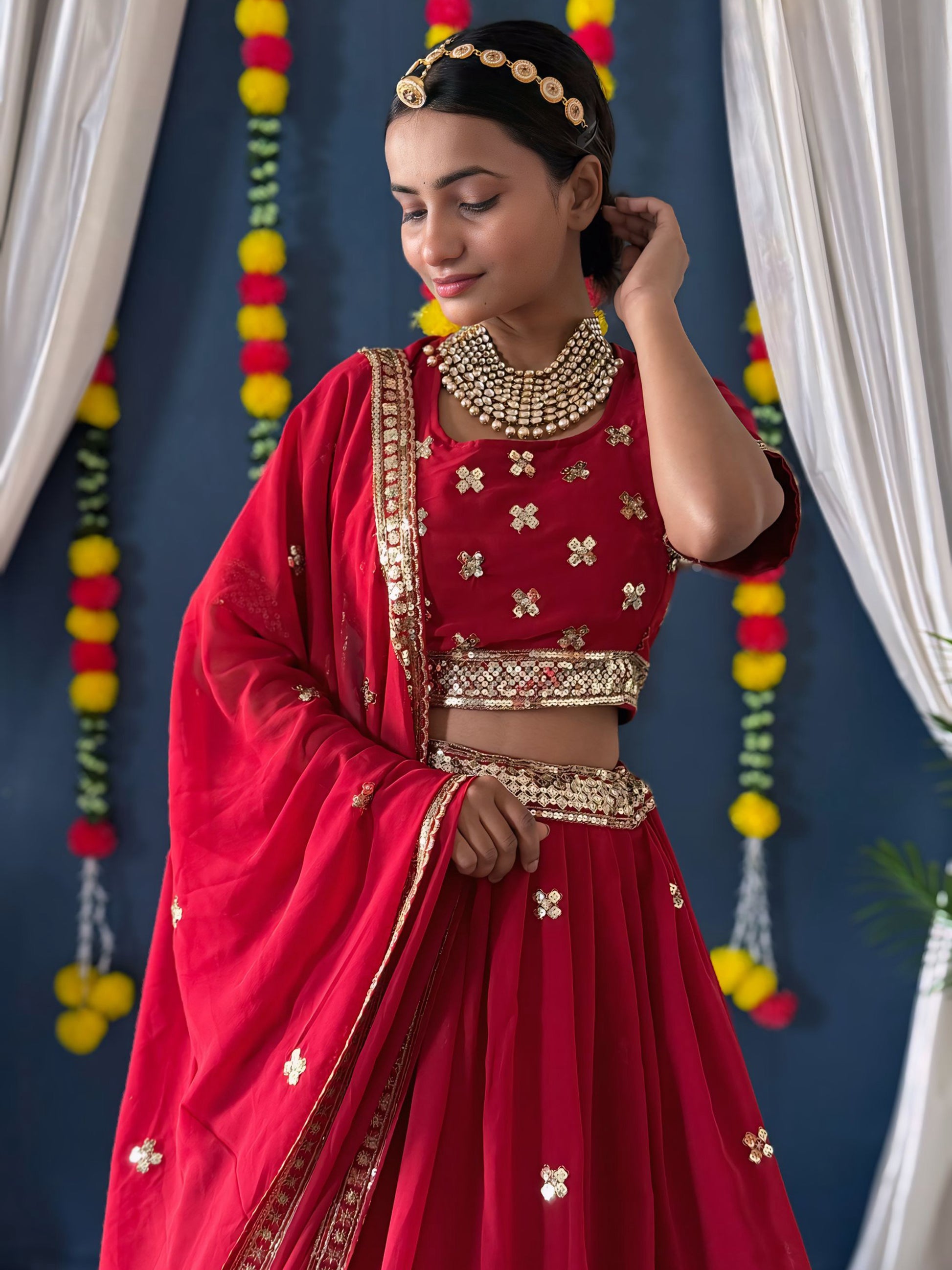 Lovely Red Zari Work Georgette Bridal Lehenga Choli