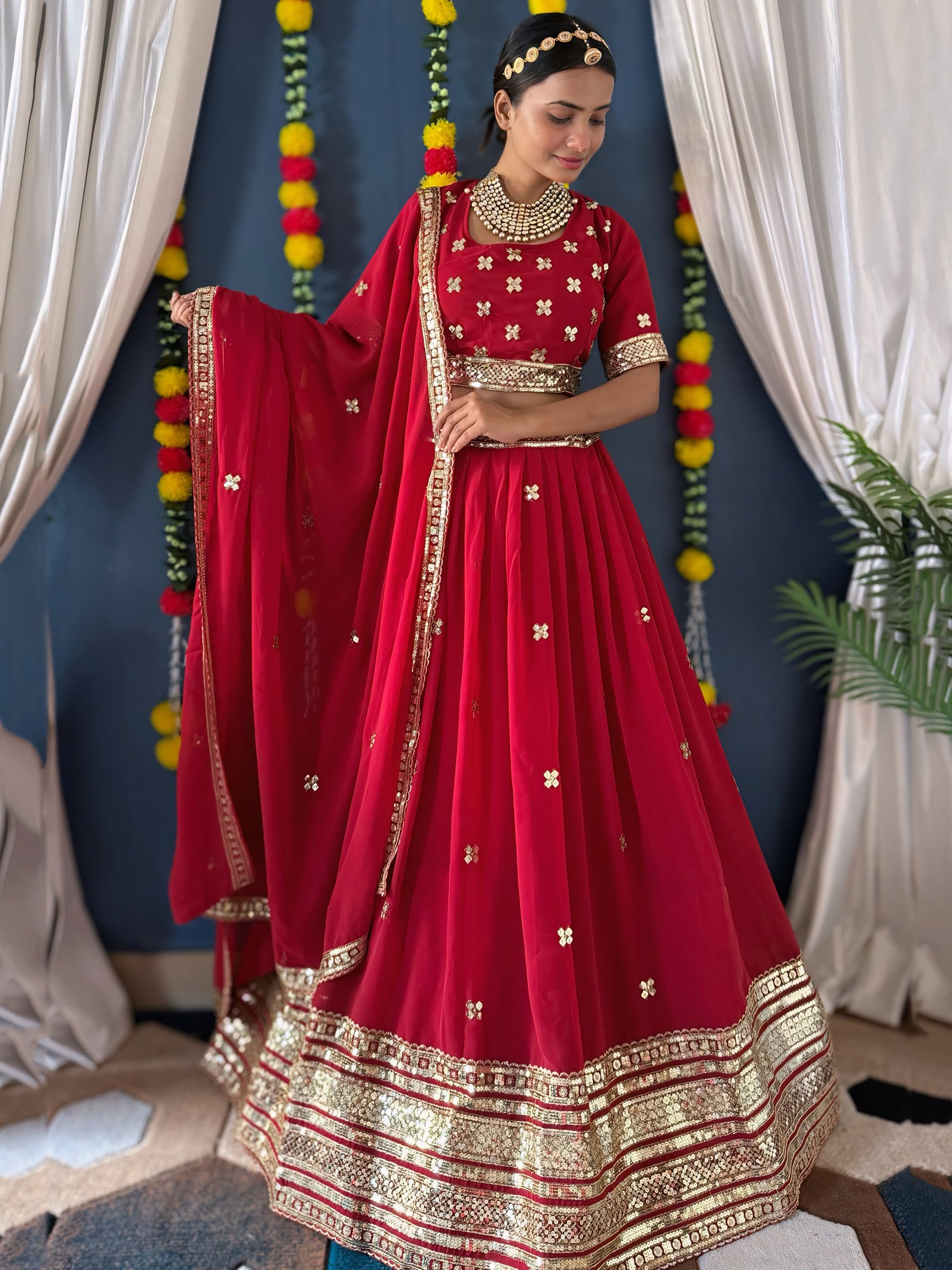 Lovely Red Zari Work Georgette Bridal Lehenga Choli